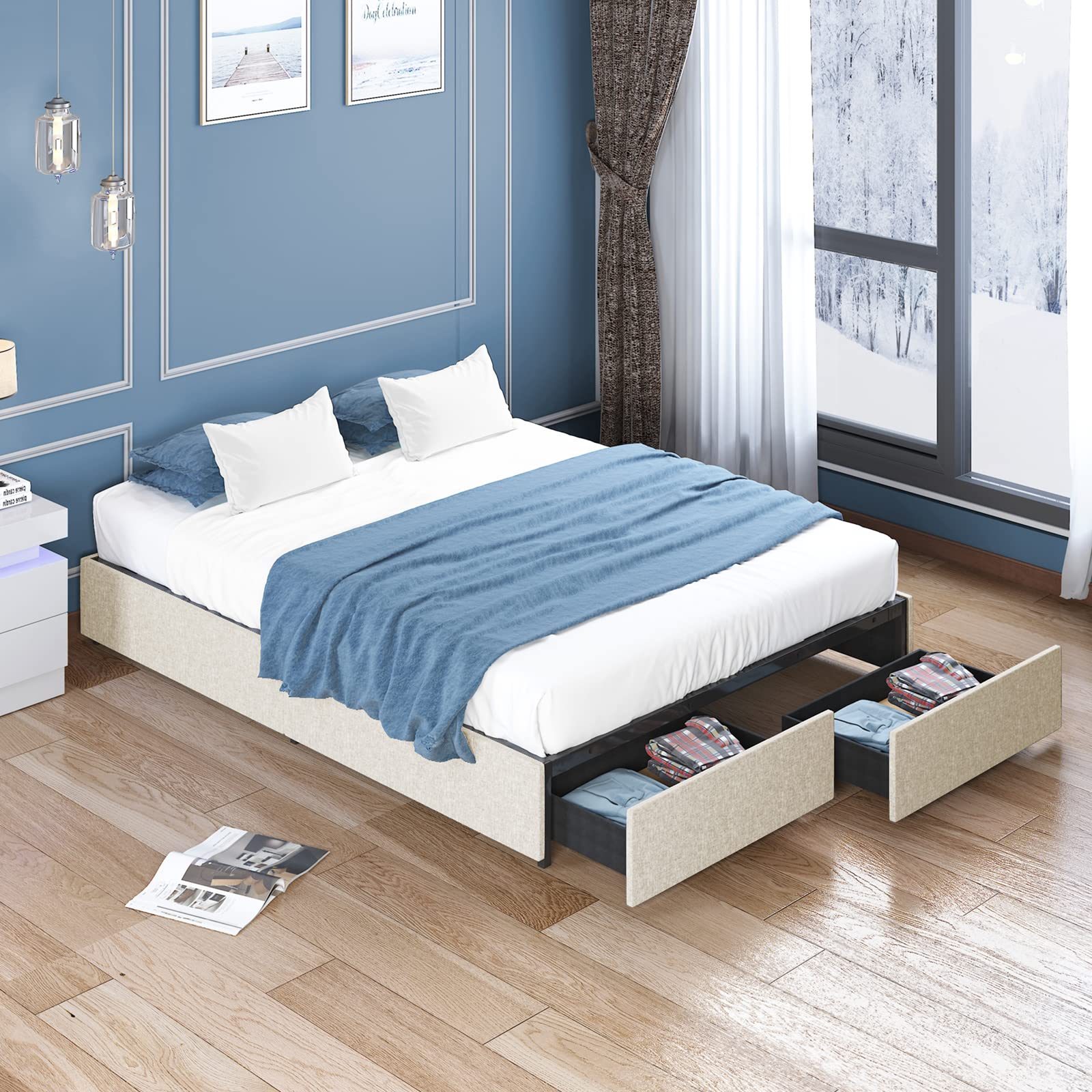 BALUS Queen Size Upholstered Platform Bed Frame with Storage Drawers - Heavy Duty Wood Slat Support, No Box Spring Needed, Noise Free & Easy Assembly, Beige - Perfect for Small Bedrooms, Guest Rooms & Apartments with Limited Space