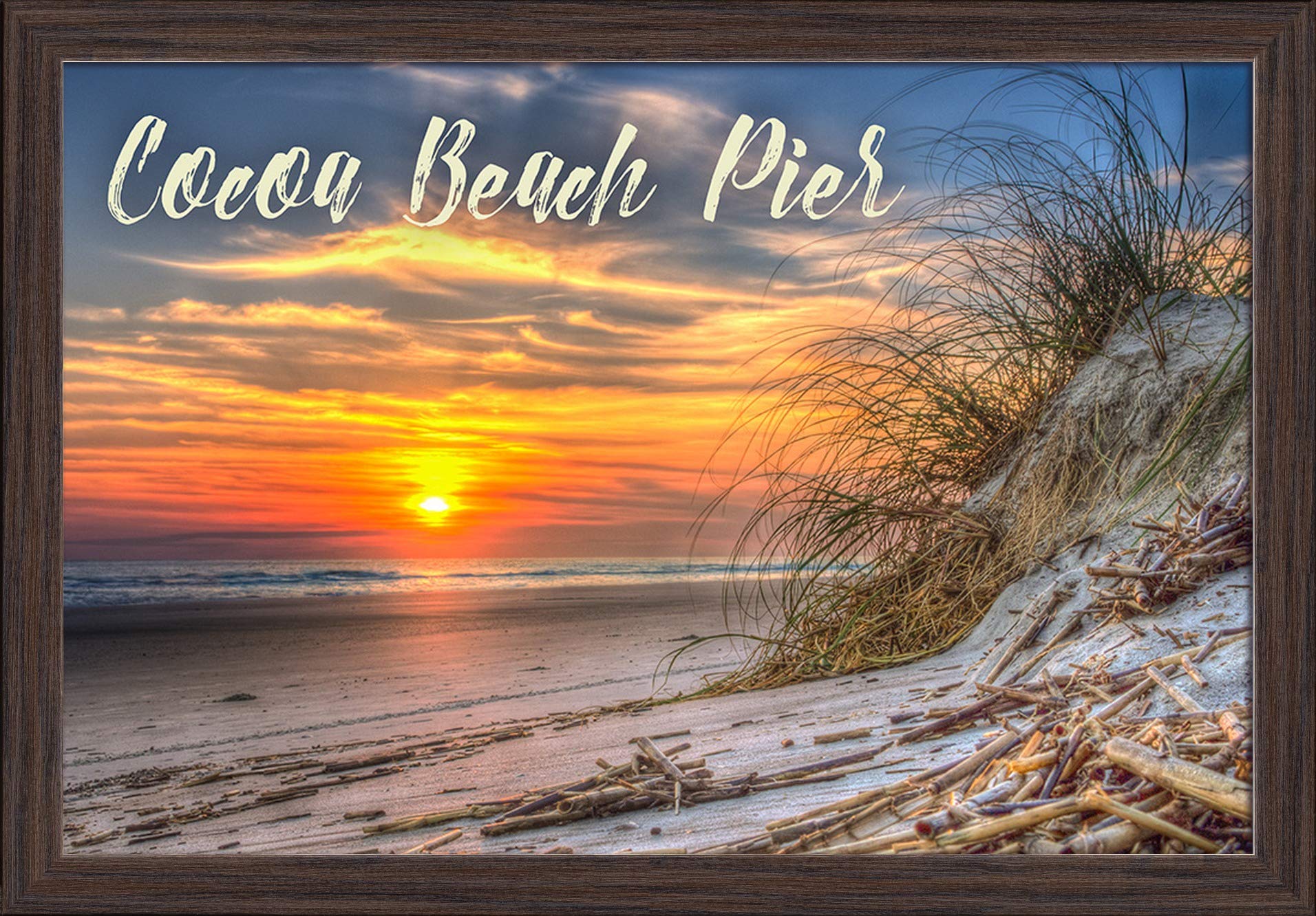 Florida Cocoa Beach Pier Sunset - 16x24 Giclee Fine Art Print with Recycled Wood Frame in Espresso Brown - Perfect for Coastal Home Decor & Beach House Wall Art
