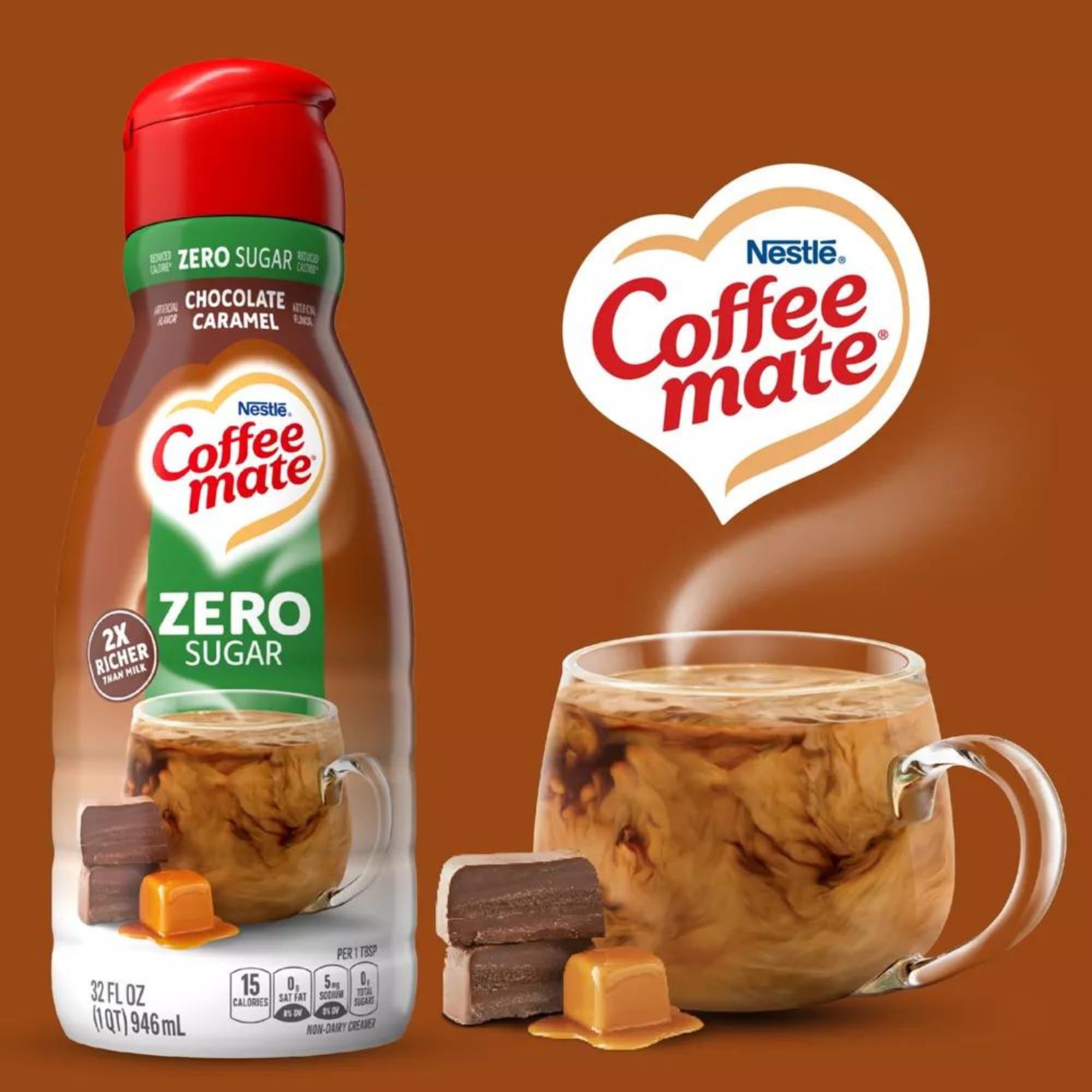 Sugar-Free Liquid Coffee Creamer Bundle - 2 x 32oz Bottles CoffeeMate Creamer + Freeze Dried Ice Cream Bites (Chocolate Caramel) | Zero Sugar, Keto-Friendly | Perfect for Coffee, Baking & Dessert Toppings