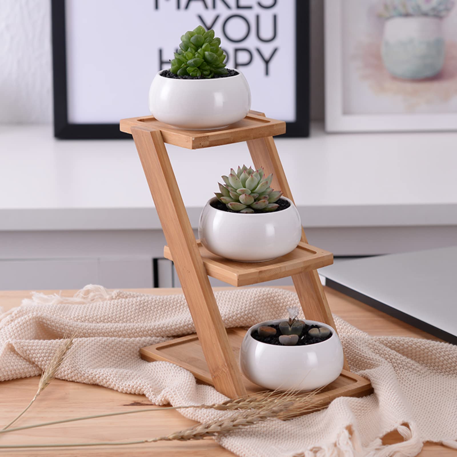 3-Tier Wooden Mini Tabletop Succulent Plant Stand - Elegant Flower Pot Holder for Succulents, Cacti & Herbs - Sturdy Home & Office Desktop Decoration (H25xL18cm) - Perfect for Windowsills, Shelves & Workspace Decor