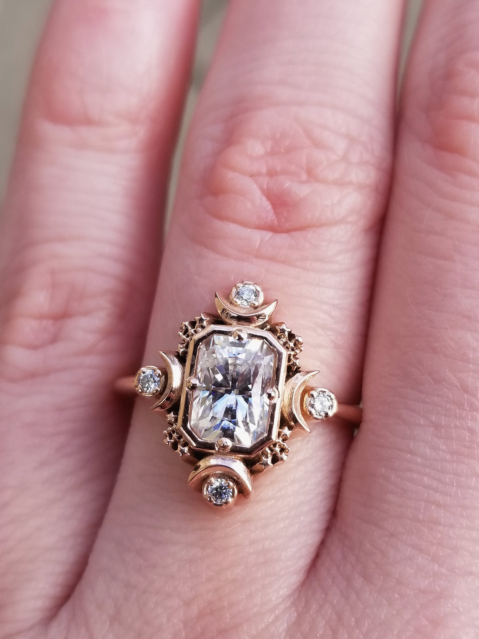 Emerald Cut Artemis Moon Engagement Ring with Radiant Cut Moissanite - Celestial Goddess Wedding Band for Brides, Unique Proposal Jewelry Gift for Her | Perfect for Romantic Proposals, Anniversaries & Special Occasions
