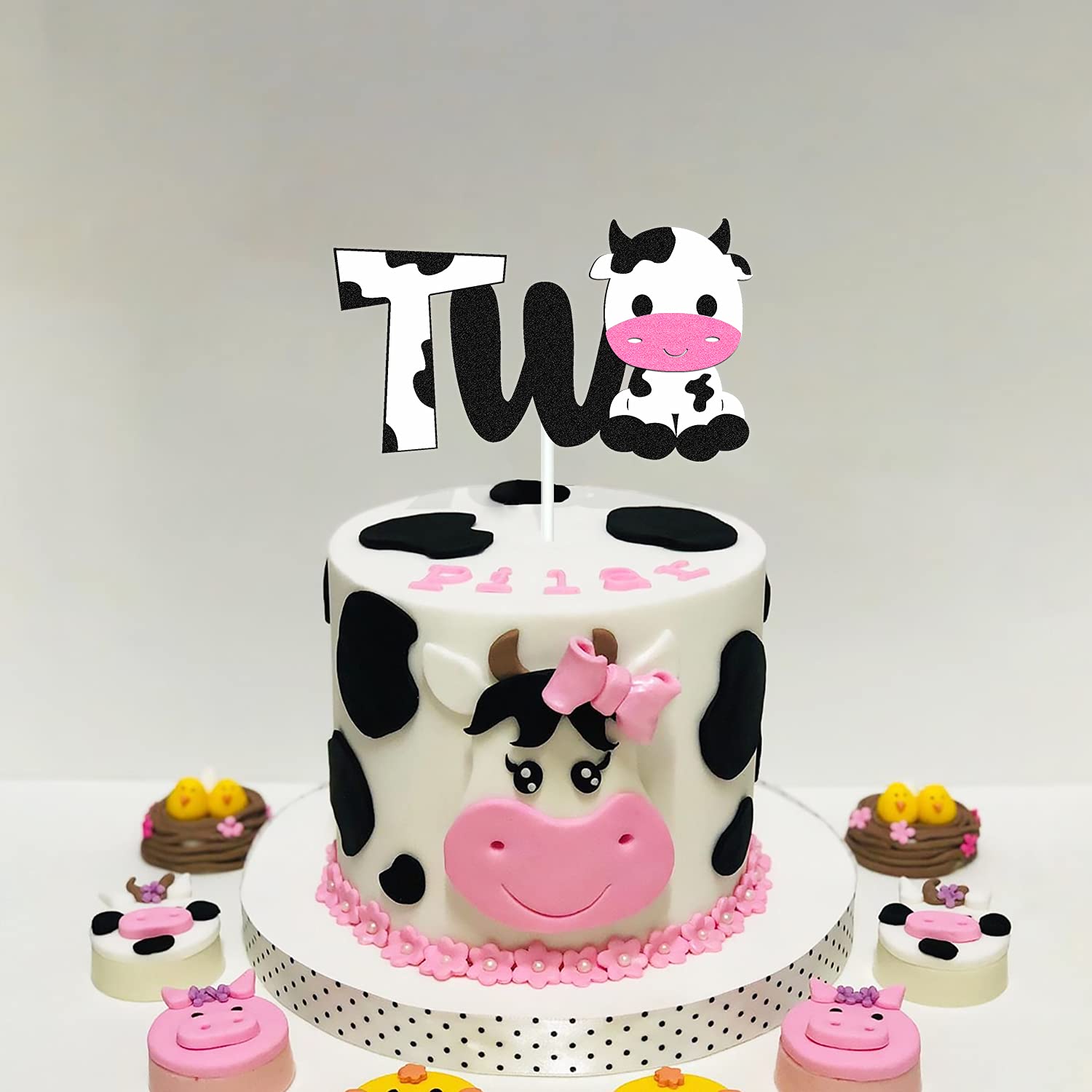 Happy 2nd Birthday Cow Cake Topper - Double Sided Black Sparkle Farm Animal Decorations for Cow Themed 2nd Birthday Party, Zoo Party Supplies - Perfect for Farm Animal Birthday Cakes, Baby Showers & Barnyard Celebrations