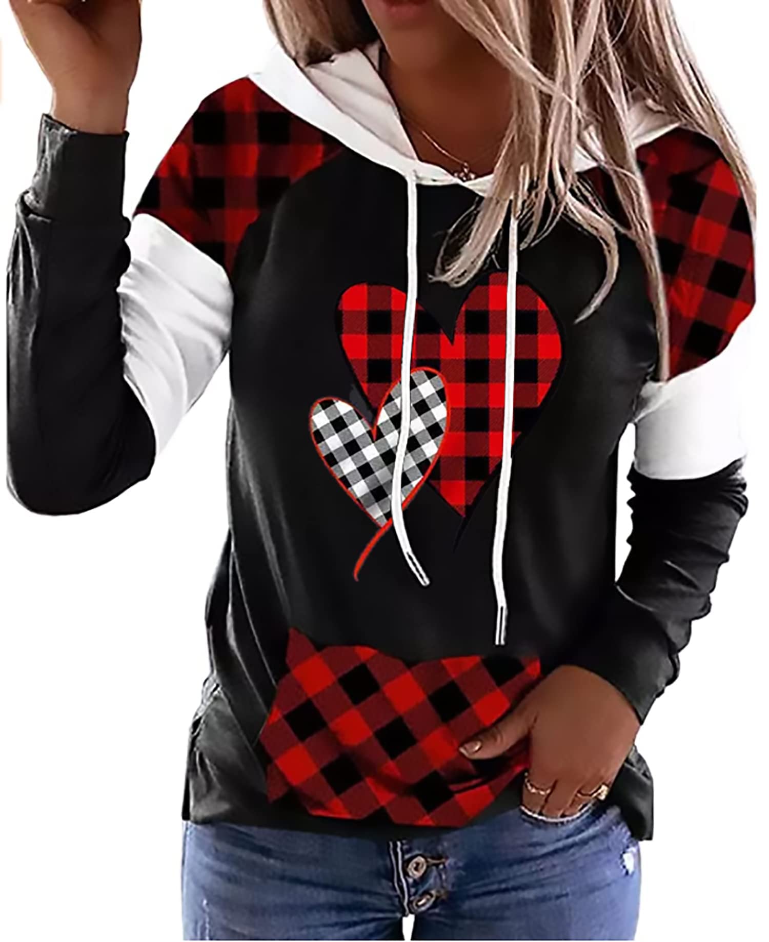 Valentine's Day Shirts for Women - Buffalo Plaid Love Heart Graphic Tee with Letter Print Long Sleeve Top | Perfect for Valentine's Gifts, Date Nights & Couple Outfits