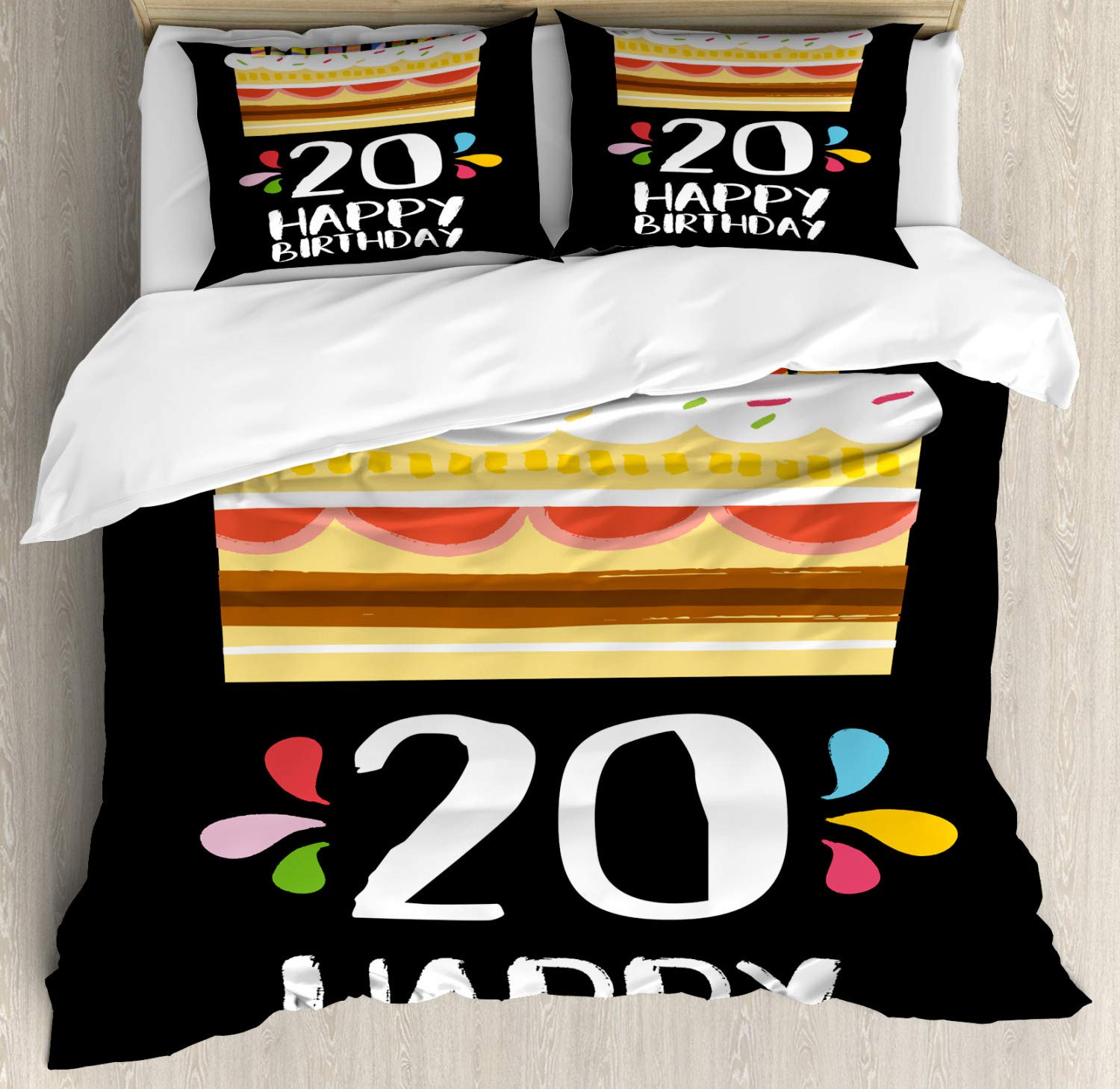 Ambesonne 20th Birthday Duvet Cover Set - Vintage Cartoon Style Party Cake with Candles on Black - 3 Piece Bedding Set with 2 Pillow Shams - California King Size - Multicolor - Perfect for Birthday Parties, Teen Bedrooms & Themed Decorations