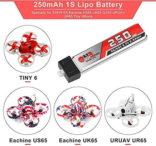 4PCS Crazepony 250mAh 1S LiPo Battery 3.7V 30C for Tiny Whoop & FPV Drones - High Performance Rechargeable Battery with Micro JST Connector - Perfect for Drone Racing, Aerial Photography and RC Hobbyists
