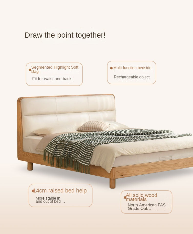 Solid Oak Wood Genuine Leather Upholstered Soft Bed - Perfect for Master Bedroom, Guest Room & Cozy Home Decor