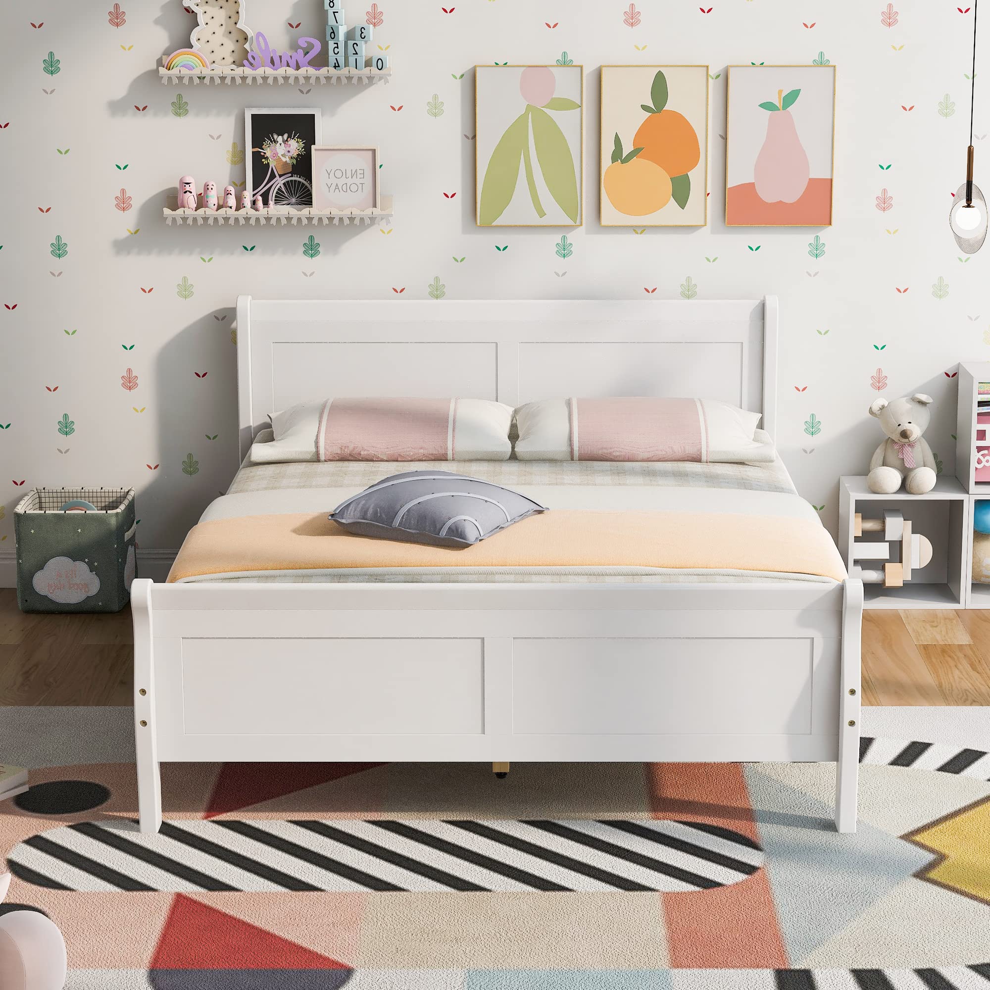 P PURLOVE Full Size Wood Platform Bed Frame with Headboard & Footboard - Espresso Sleigh Bed, No Box Spring Needed - Sturdy Mattress Foundation for Master Bedroom, Guest Room, or Dorm