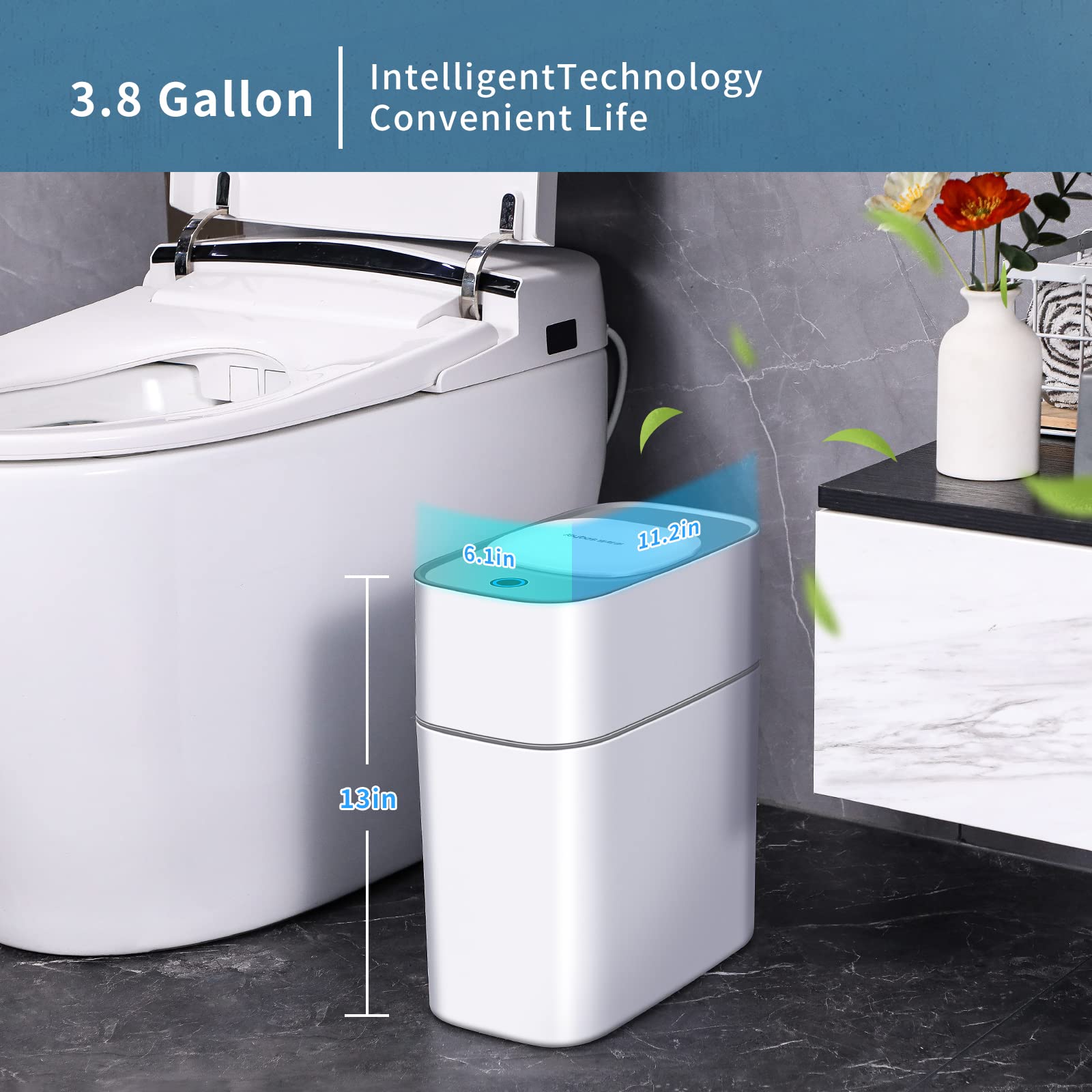 JOYBOS 3.8 Gallon Slim Motion Sensor Trash Can with Lid - White Small Plastic Waste Bin for Bathroom, Bedroom, RV & Office | Space-Saving Automatic Garbage Can for Tight Spaces & Home Decor