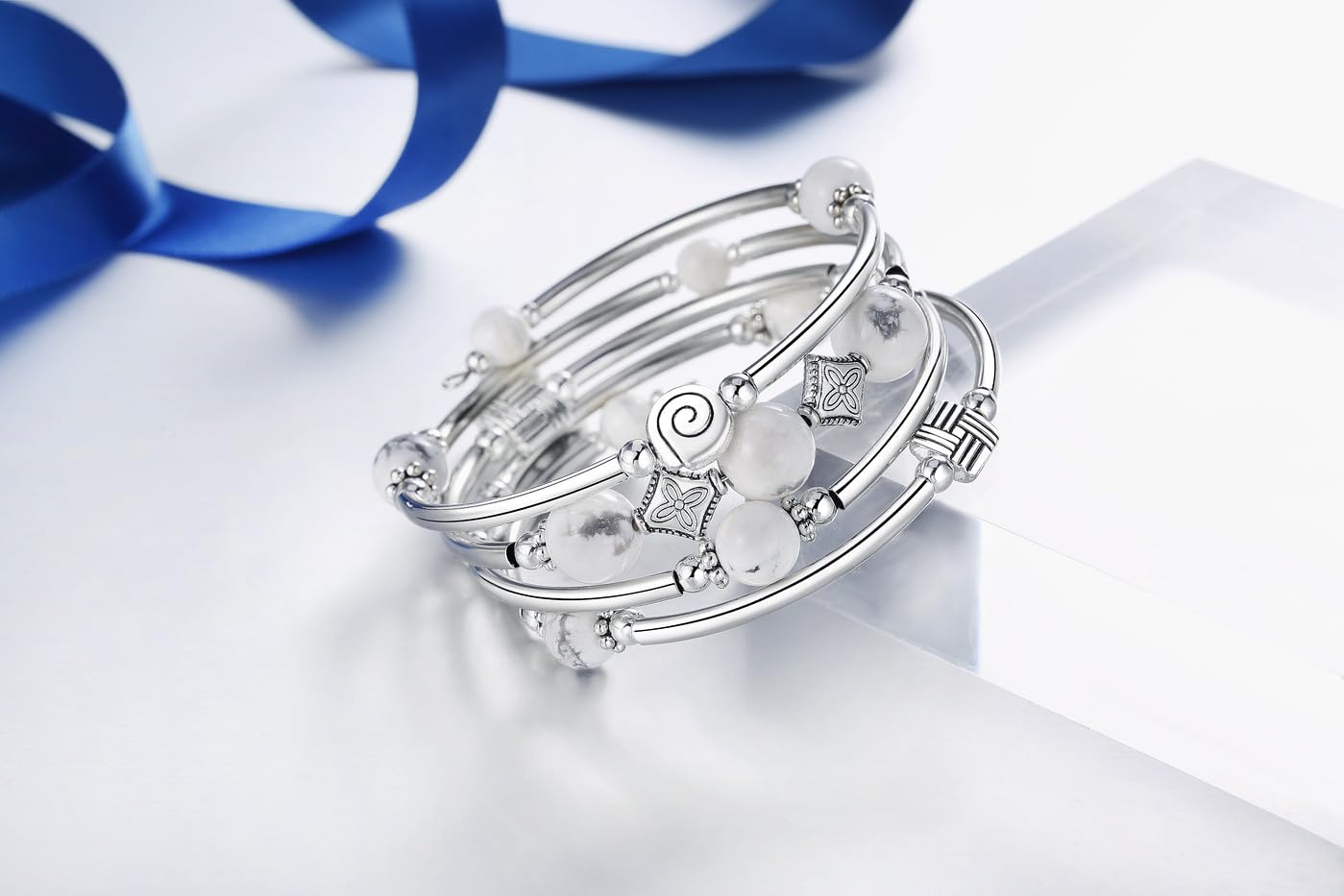 Silver Bangle Bracelet for Women - Elegant Layered Crystal Beaded Stretch Bracelet 8mm, Anxiety Relief Jewelry Gift for Her - Perfect for Parties, Weddings, and Everyday Wear