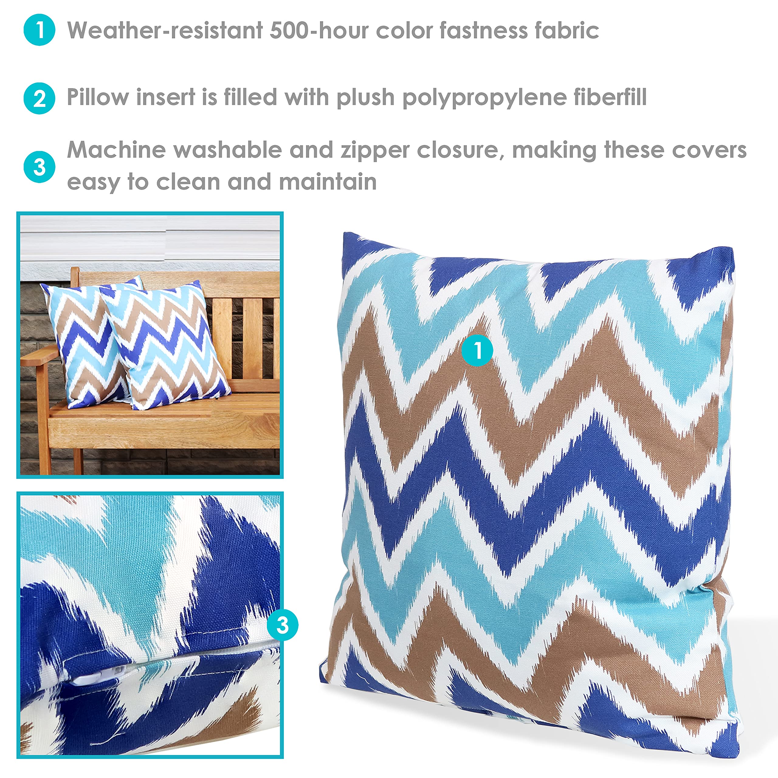 **Sunnydaze Decorative Throw Pillows Set of 2 - 17-Inch Square Indoor & Outdoor Pillow Covers with Zipper & Inserts - Weather-Resistant Polyester Chevron Design - Perfect for Patio, Sofa, Bed & Home Decor**