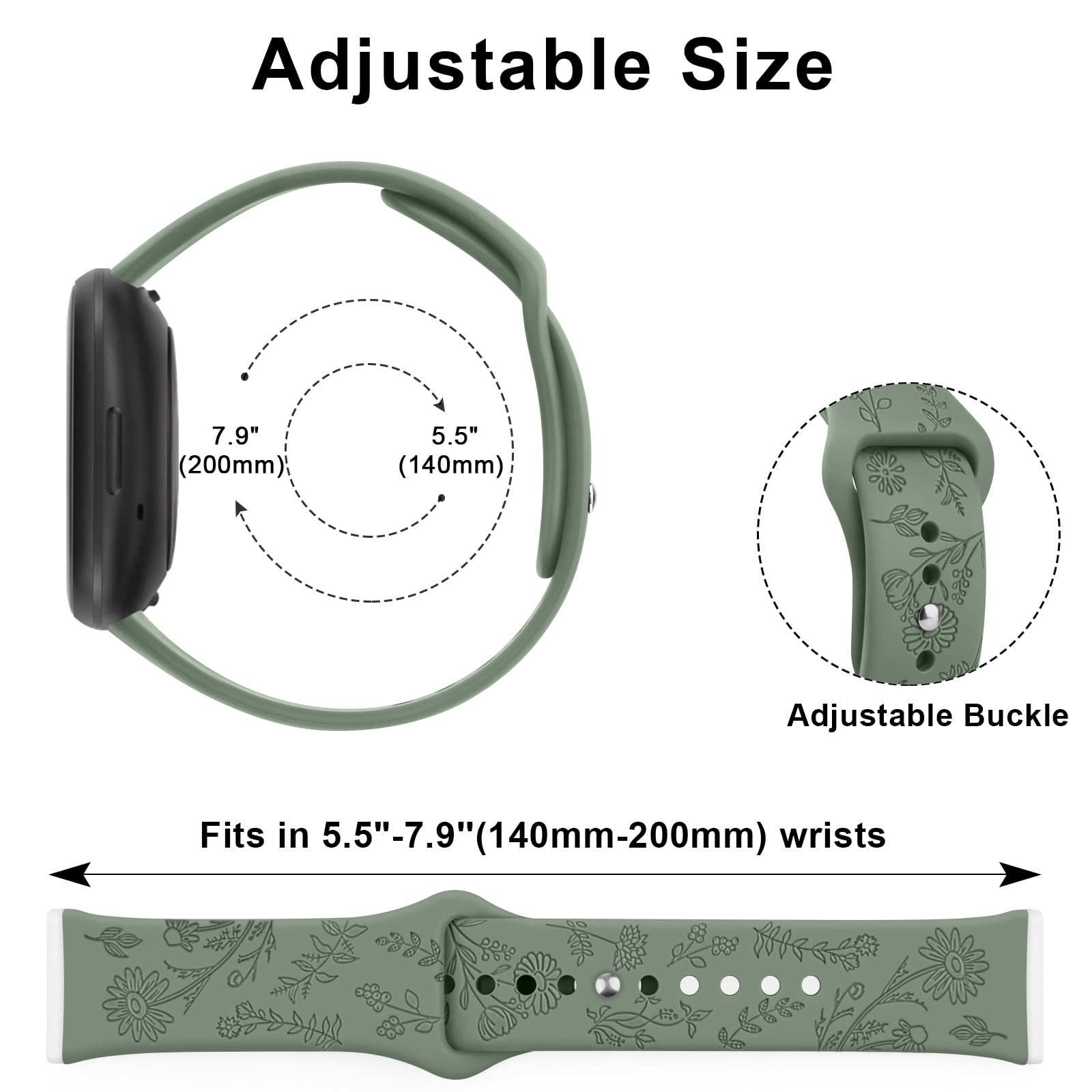 Vancle Floral Engraved Silicone Replacement Band for Fitbit Versa 4/3, Sense 2/Sense - Soft Comfortable Strap for Women & Men - Perfect for Workouts, Daily Wear & Smartwatch Accessorizing