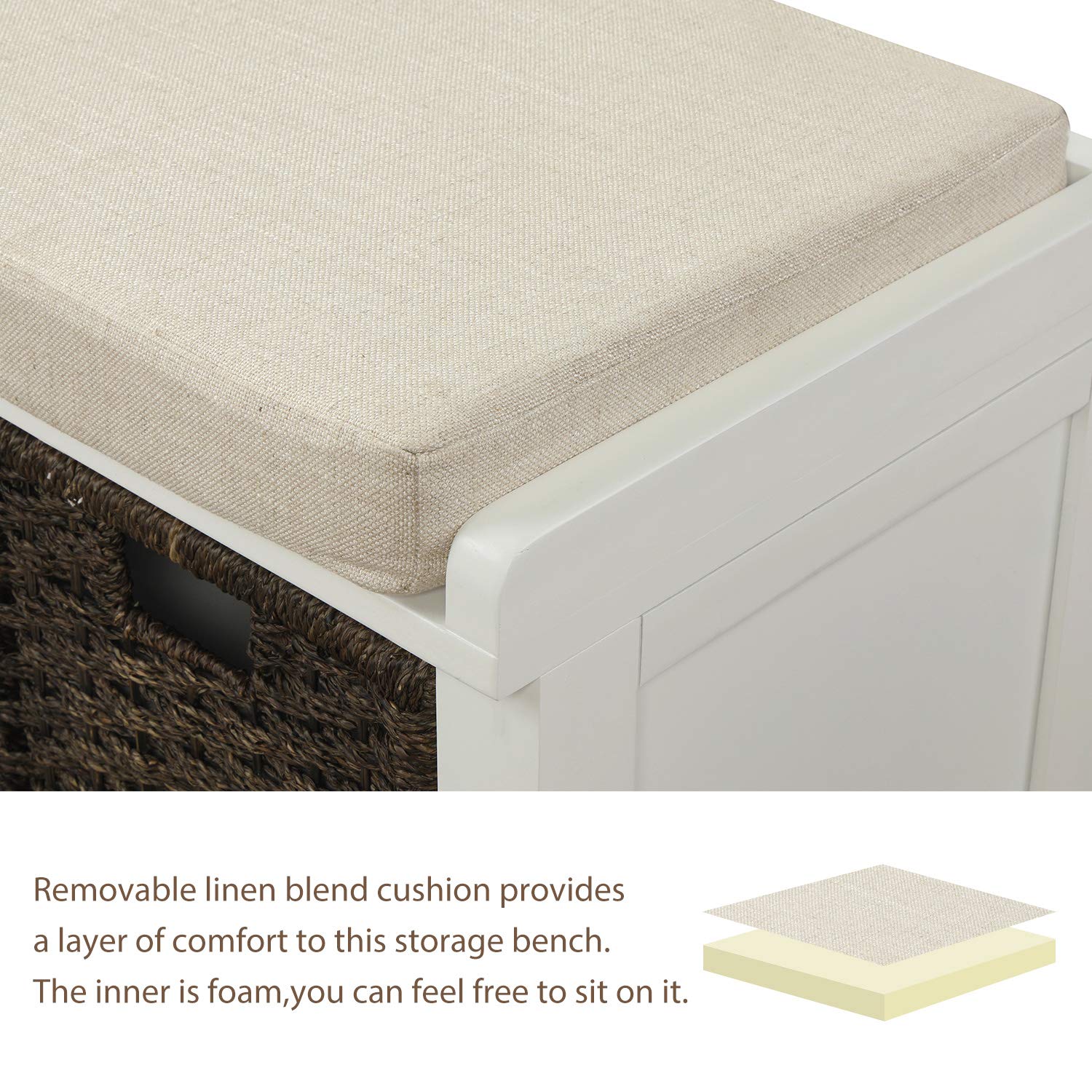 Wicker Storage Bench with 3 Woven Baskets & Removable Cushion - Wooden Entryway Shoe Bench for Hallway, Living Room, Bedroom - White - Perfect for Organizing Shoes, Blankets & Home Decor in Small Spaces