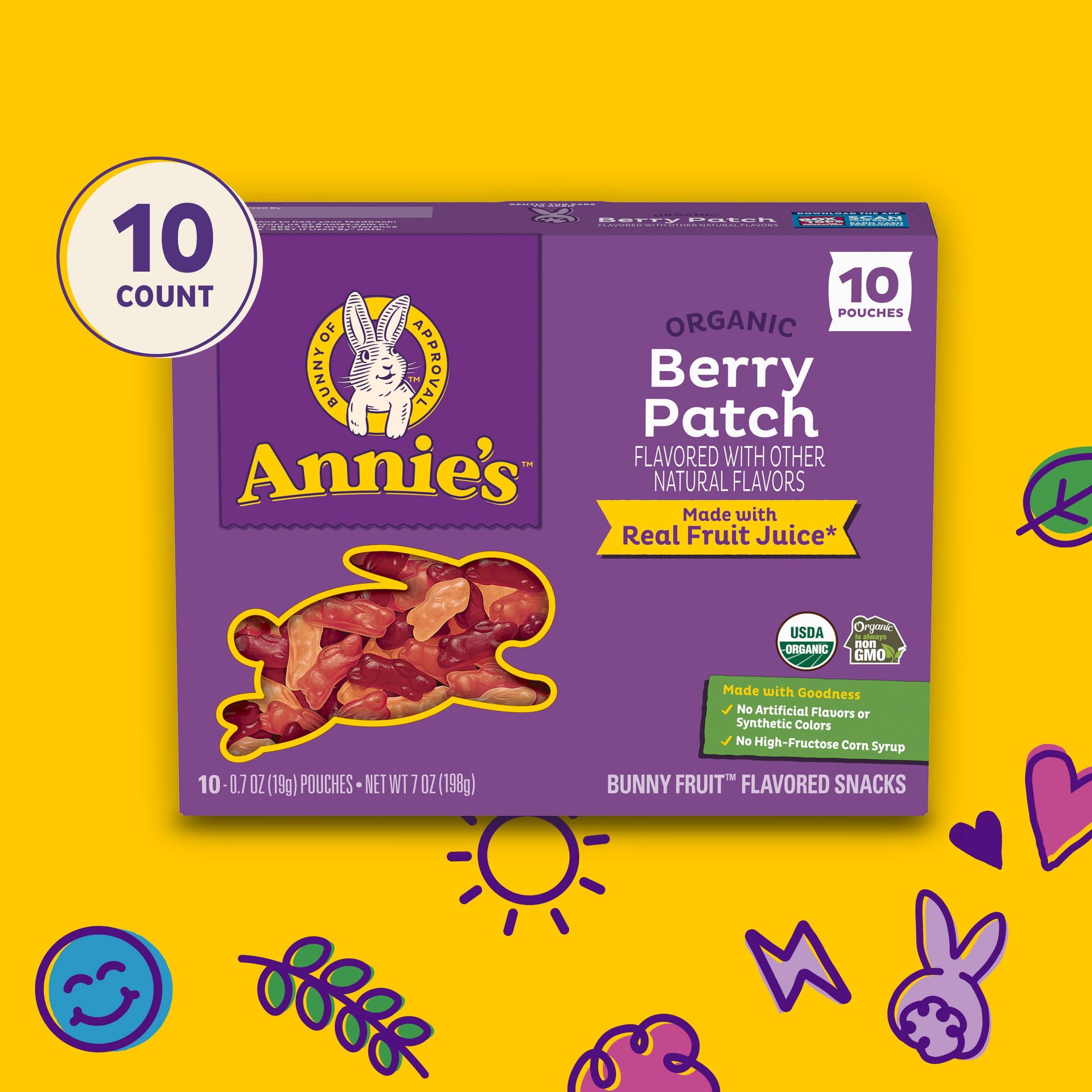 Annie's Organic Berry Patch Bunny Fruit Flavored Snacks - Gluten Free, Non-GMO, 10 Pouches (7 oz) - Perfect for Easter Baskets, Kids Lunchboxes & Healthy On-the-Go Snacks
