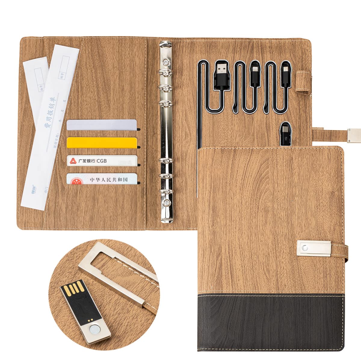 Premium Leather A5 Binder with 8000mAh Power Bank - 6-Ring Planner Notebook Organizer with Document Sleeve, Card Holder & Pencil Loop - Compatible with A5 Filler Paper (Wood Grain) - Perfect for Business Meetings, College Students & Office Professionals