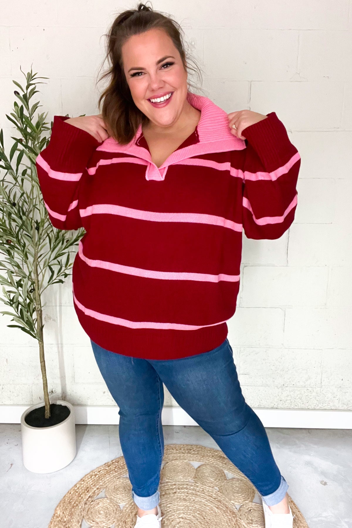 Fall For You Crimson Stripe Notched Neck Collared Oversized Sweater - Women's Cozy Knit Pullover for Autumn & Winter | Perfect for Casual Outfits, Date Nights & Holiday Gatherings