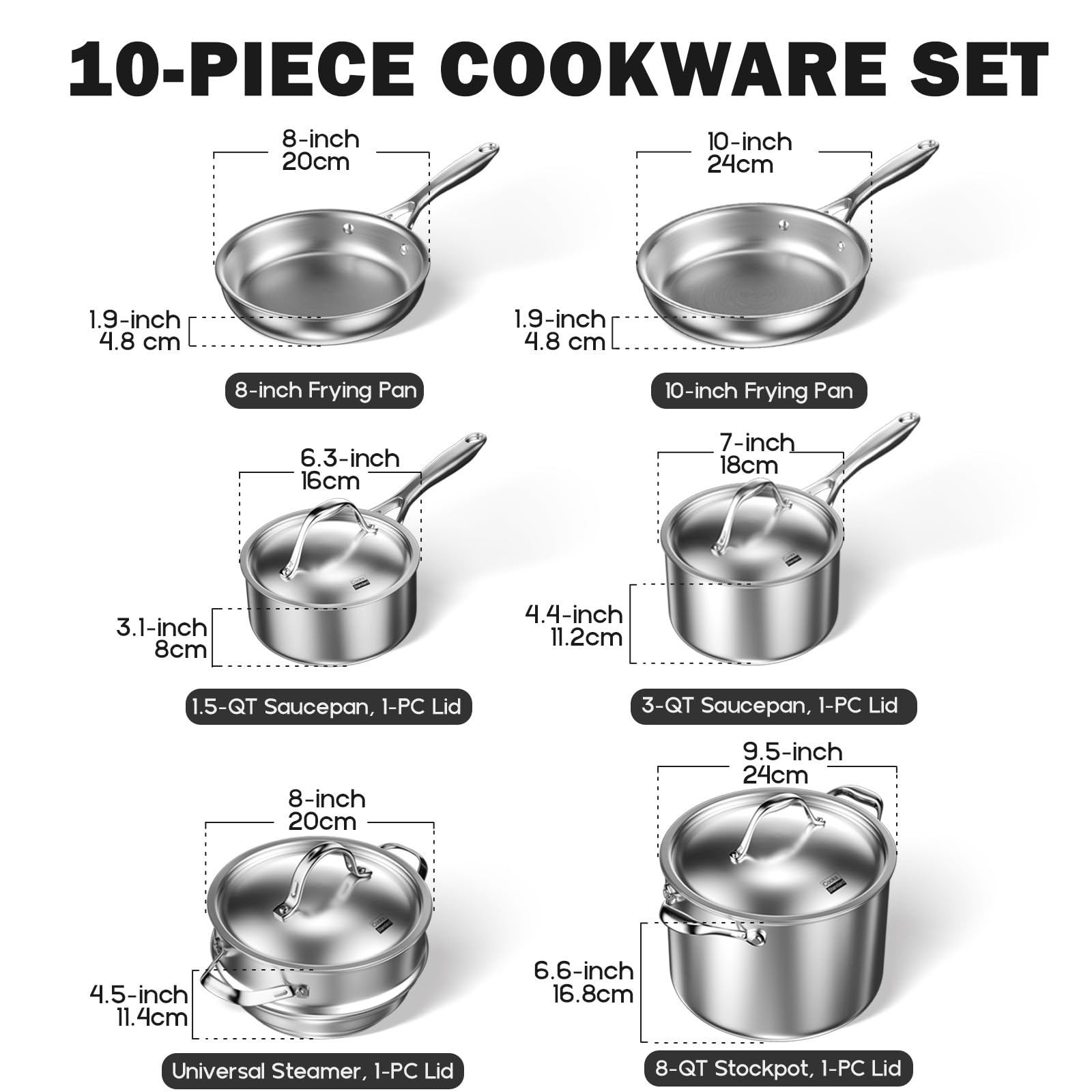 Premium 10-Piece Stainless Steel Cookware Set - Multi-Ply Clad Pots & Pans with Stay-Cool Handles | Dishwasher & Oven Safe up to 500°F | Professional Kitchen Essentials for Home Chefs | Perfect for Sautéing, Boiling & Baking