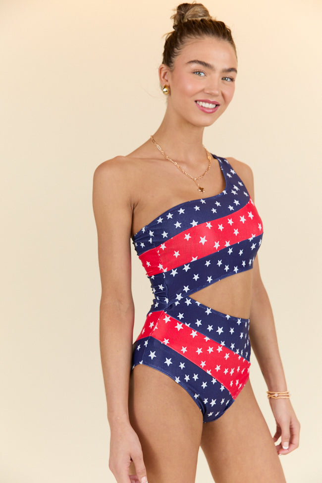 American Summer Women's One Piece Swimsuit with Cutout Detail & Colorblock Star Design - Sexy Beachwear for Pool Party, Vacation & Swimwear Fashion