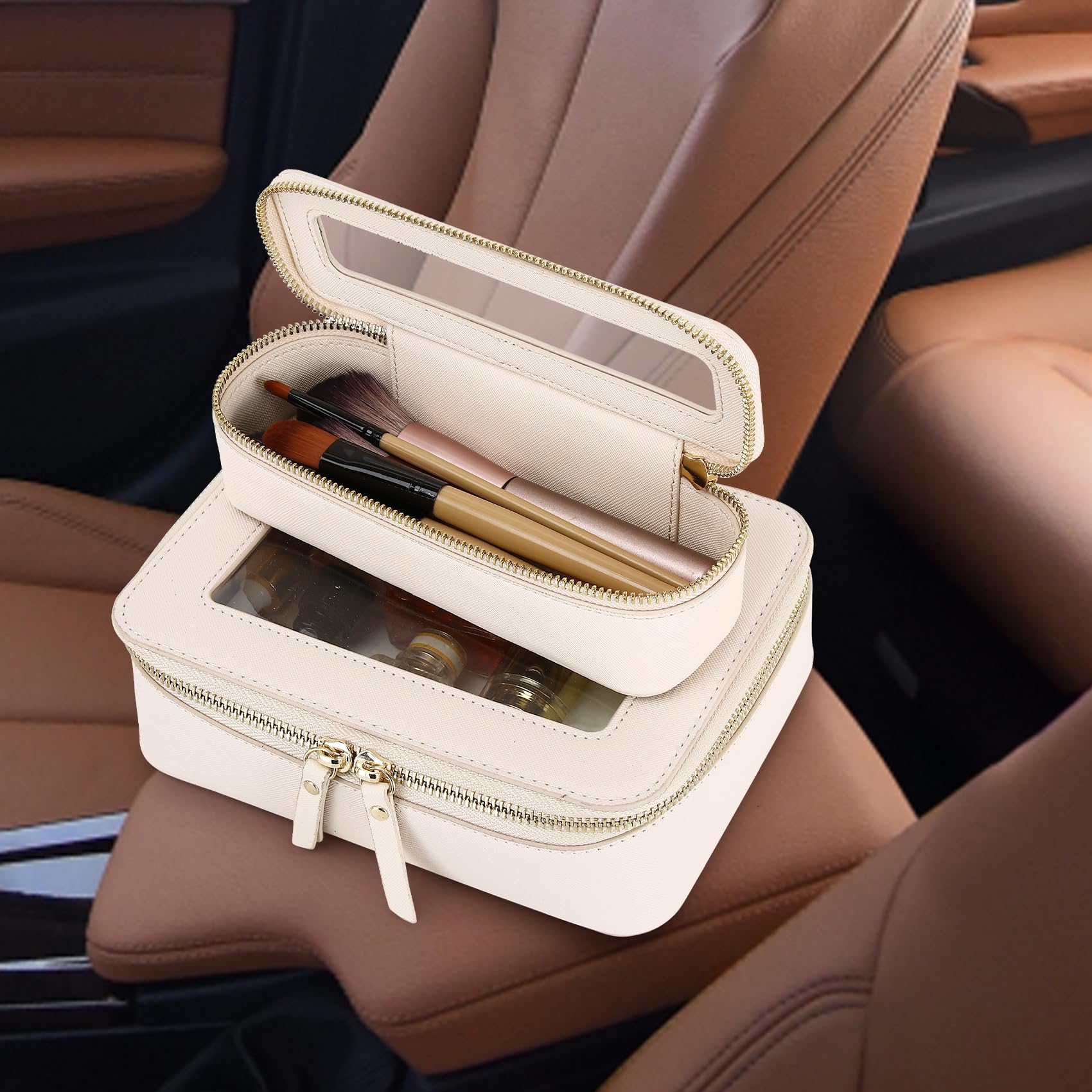Clear Travel Makeup Bag with Makeup Brush Holder - Waterproof Transparent Cosmetic & Toiletry Organizer with Zipper - Portable for Women (Beige, Medium+Slim) - Perfect for Airplane Carry-On, Gym Essentials & Car Organization
