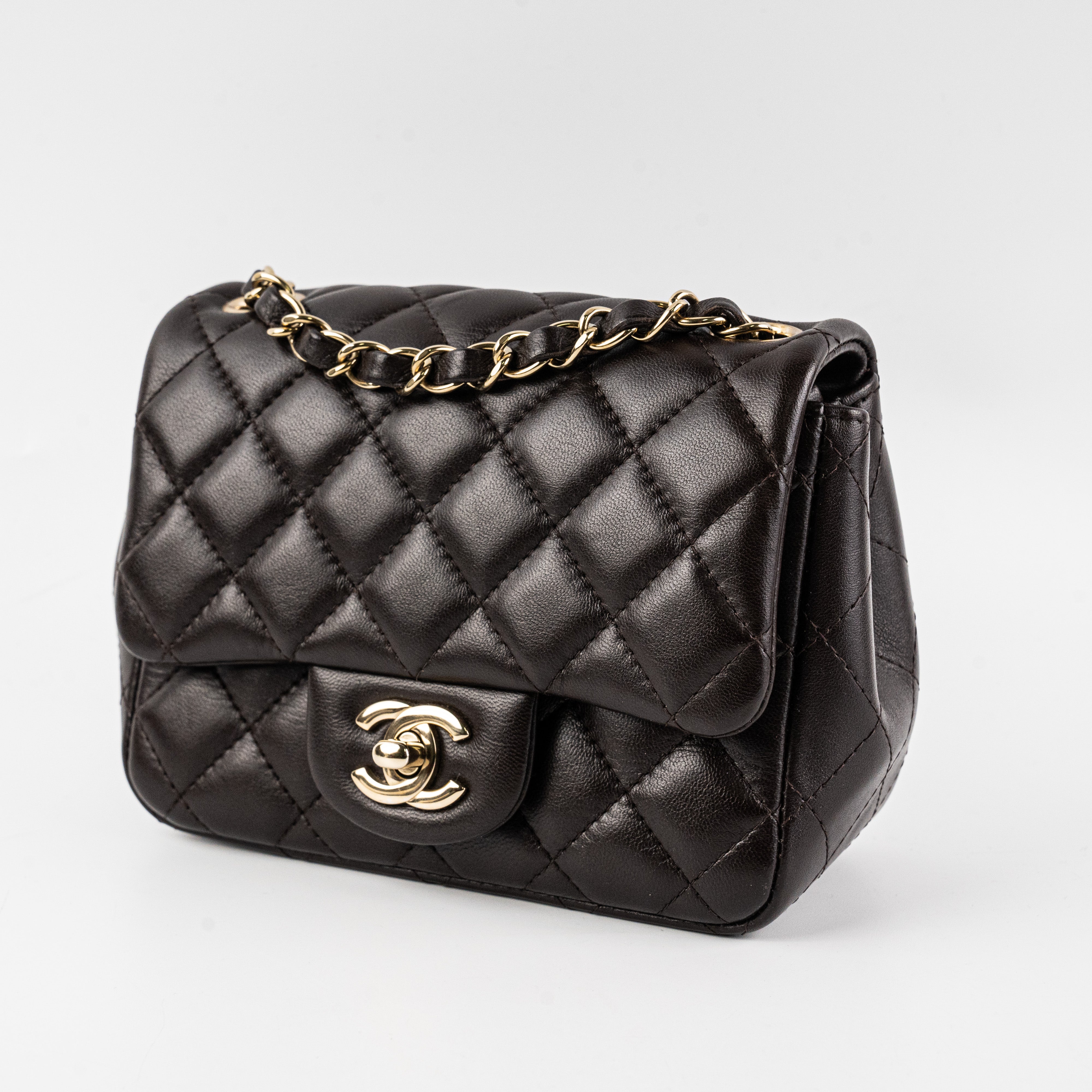 Chanel Square Mini Lambskin Dark Brown Crossbody Bag with Microchip - Luxury Small Shoulder Purse for Women, Perfect for Evening Parties & Date Nights