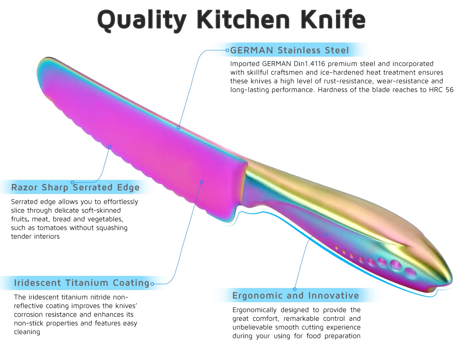 WELLSTAR 6 Inch Serrated Utility Knife - High Carbon Stainless Steel Blade for Cutting Bread, Vegetables, Meat - Rainbow Butter Spreader Knife | Perfect for Kitchen, Picnics, Camping & BBQ Parties