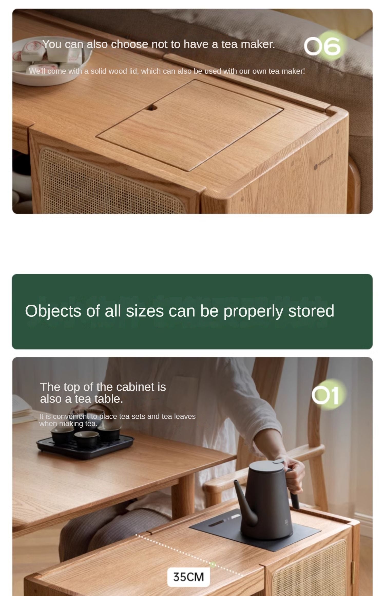 Solid Oak and Ash Wood Tea Maker Mobile Side Cabinet - Portable Side Table for Living Room, Bedroom, or Office