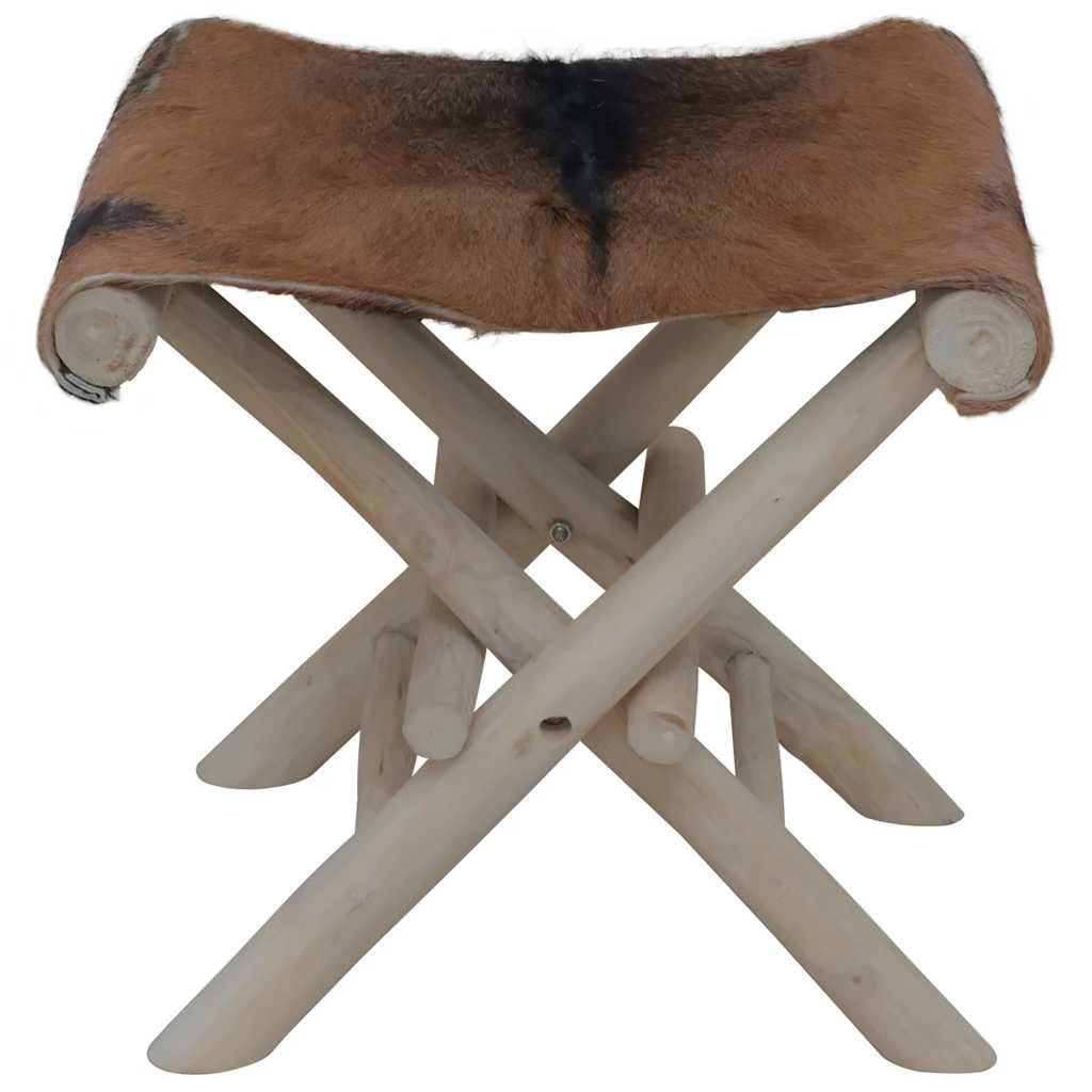 Premium Folding Stool with Genuine Goat Leather & Solid Teak Wood Frame - Rustic Modern Compact Chair for Home, Office, Camping & Outdoor Use