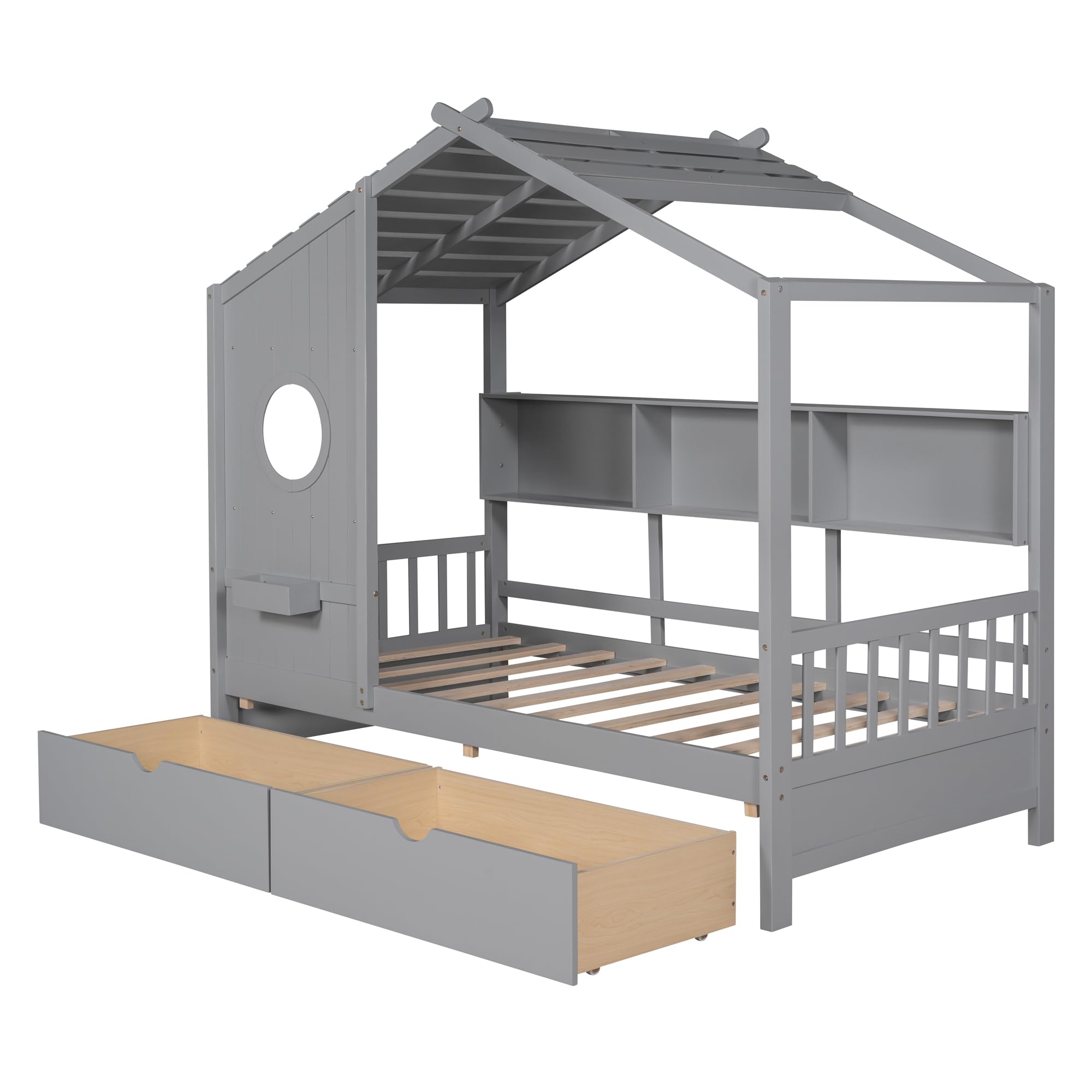 MERITLINE Twin Size Wooden House Bed for Kids with 2 Drawers & Storage Shelf - No Box Spring Needed, Sturdy Slat Support - Perfect for Small Bedrooms, Playrooms & Kids' Sleepovers (Grey)