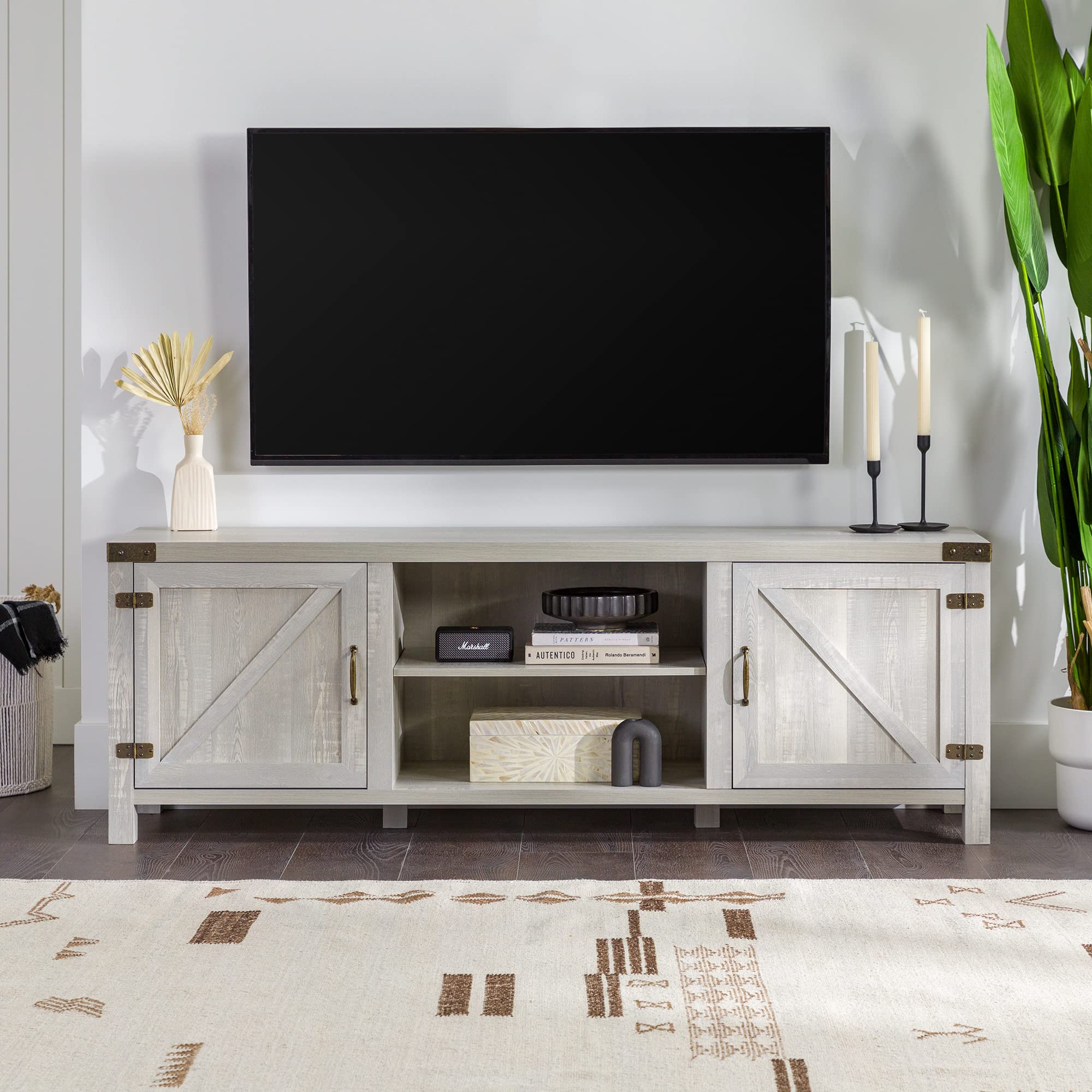 Walker Edison Georgetown Modern Farmhouse Double Barn Door TV Stand for 70-80 Inch TVs, Rustic Wood & Metal Entertainment Center with Storage - Perfect for Living Rooms, Home Theaters & Farmhouse Style Decor