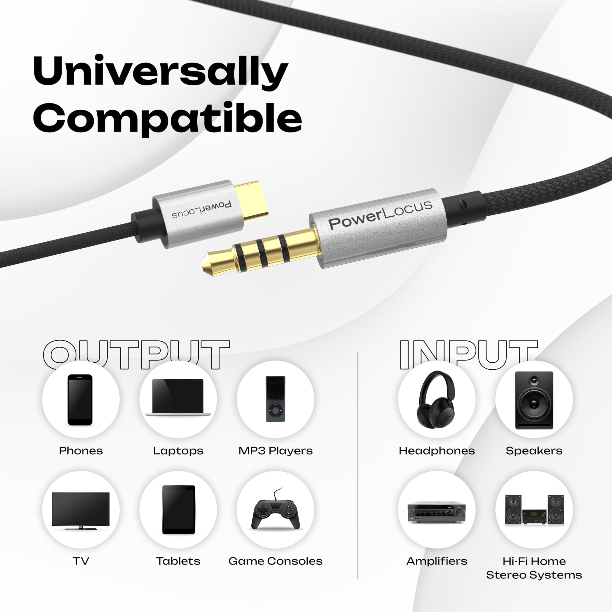 PowerLocus 3.5mm to USB-C Audio Cable with Microphone (3.3ft/1M) - 24K Gold Plated, Braided Nylon, Noise Cancelling - Compatible with Headphones, Tablets, Gaming Consoles, Home & Car Audio - Perfect for Music Streaming, Online Meetings & Hands-Free Calling