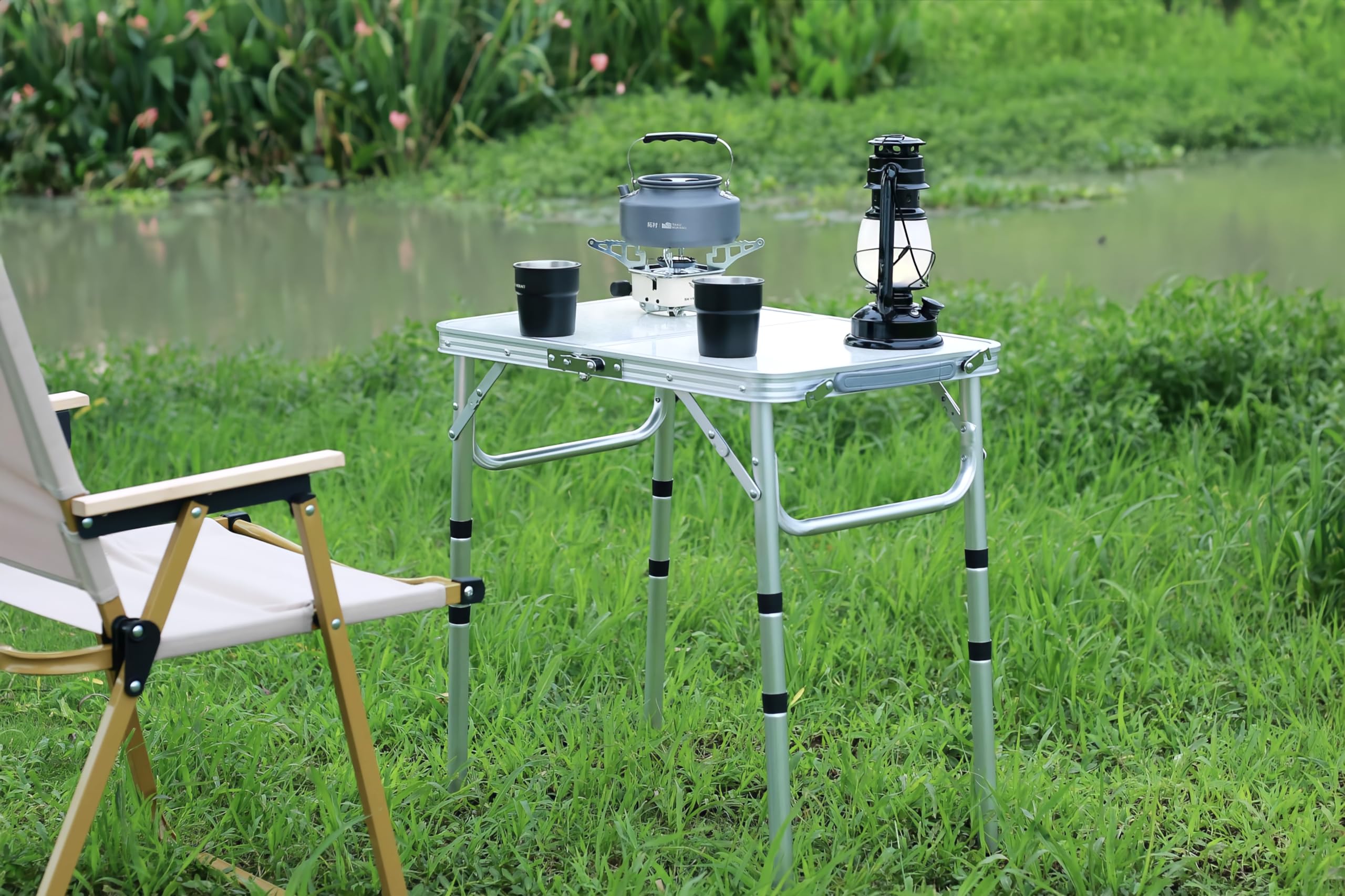 Adjustable Height Camping Table with Mesh Storage Layer, 23.6