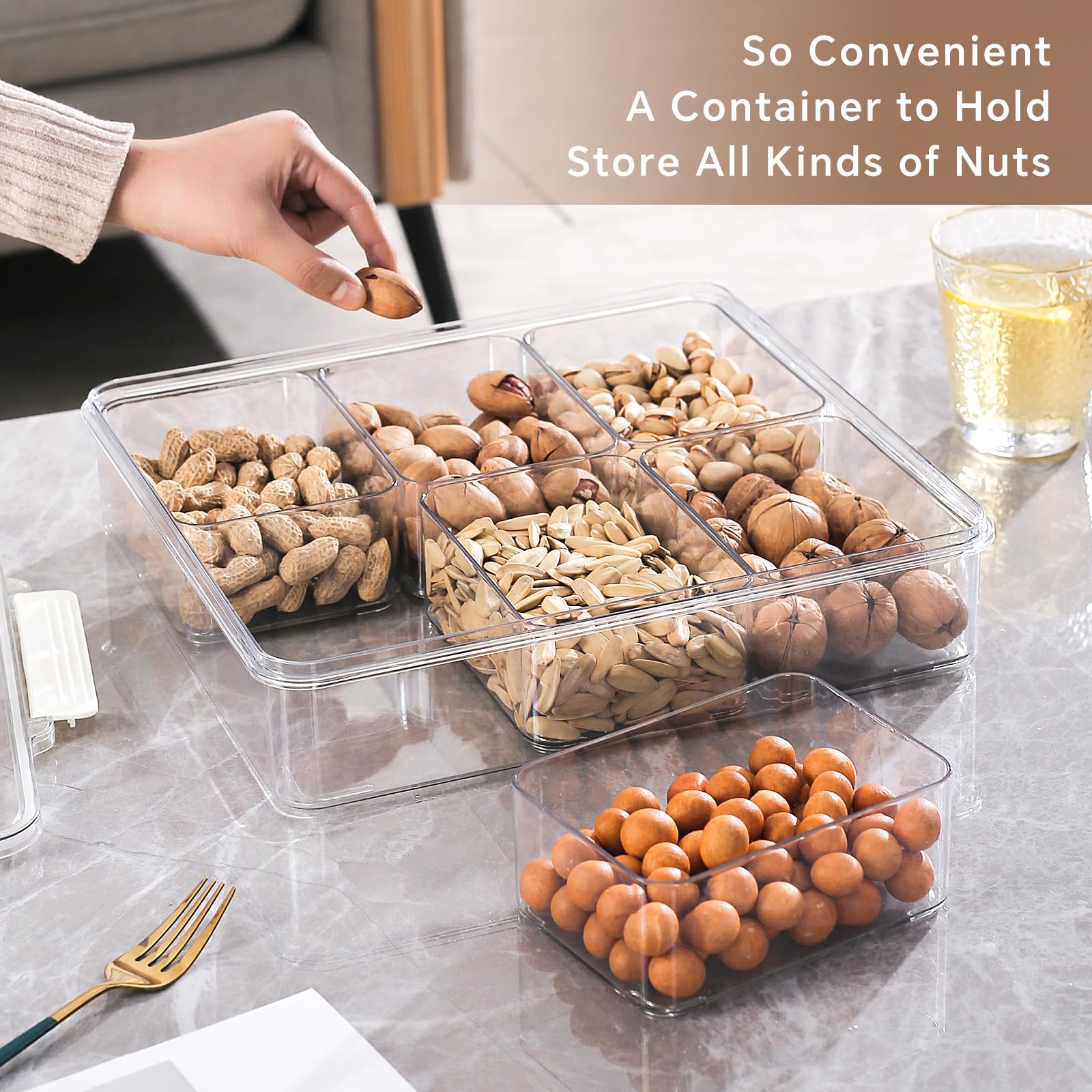 2-Piece Divided Snack Trays with Lids & Handles - Portable Food Storage Containers for Candies, Fruits, Nuts - Perfect for Parties, Picnics, School Lunches & Office Snacks