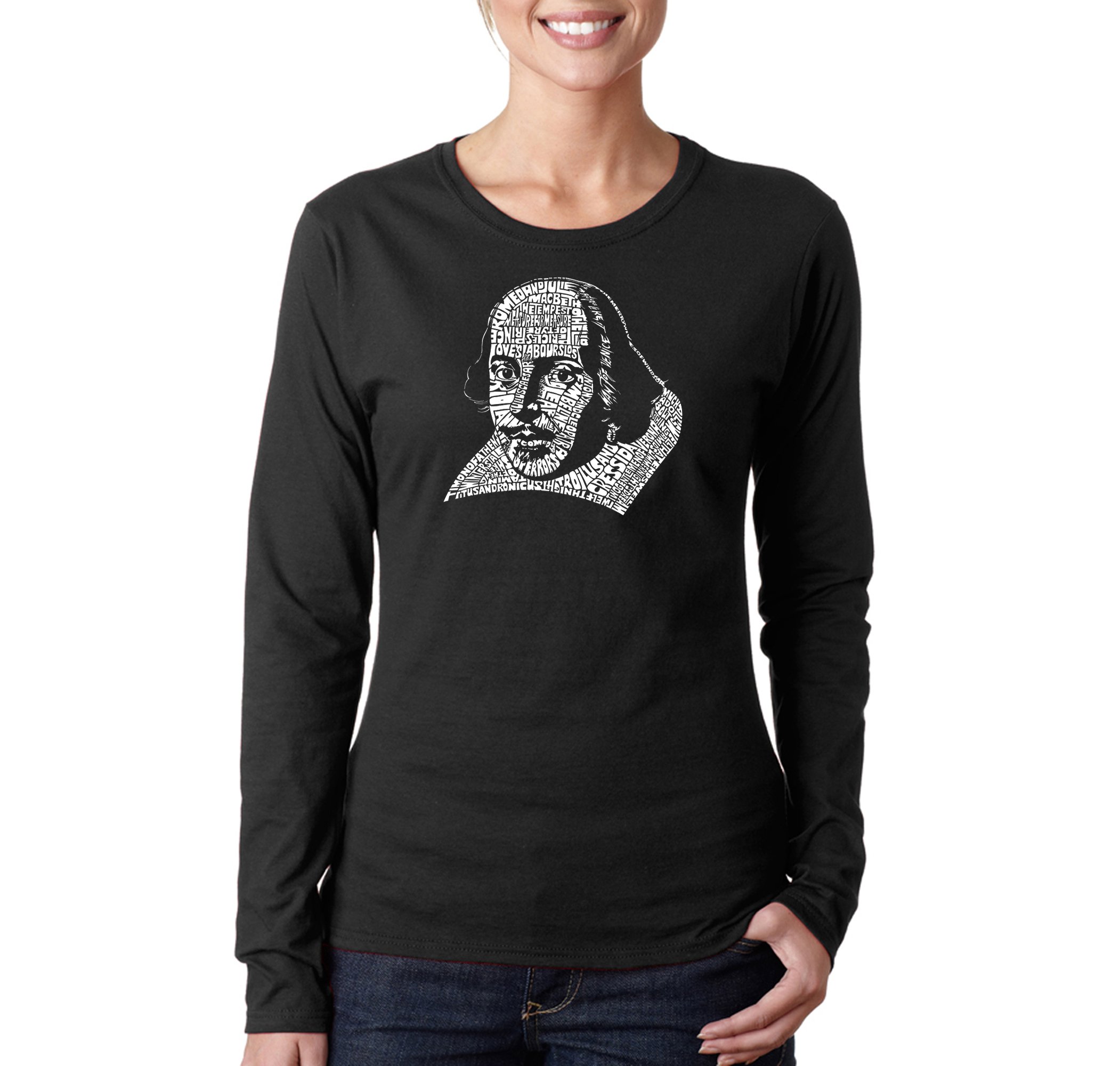 LA POP ART Women's Shakespeare Comedies & Tragedies Word Art Long Sleeve T-Shirt | Vintage Literary Tee for Book Lovers & Theater Fans | Perfect for Casual Wear, Book Club Meetings & Theater Outings