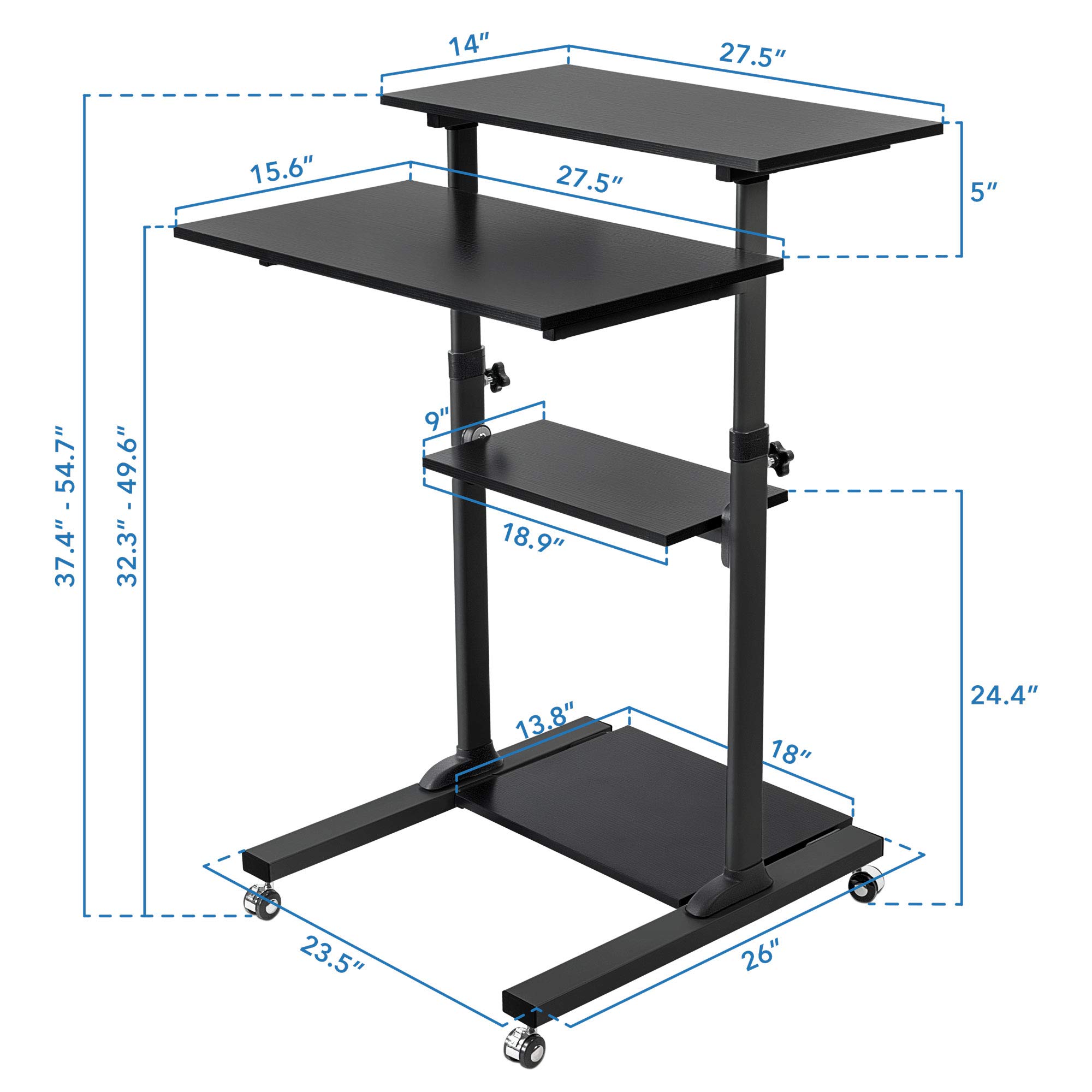 Mount-It! Adjustable Mobile Standing Desk Cart with Locking Wheels - 27.5