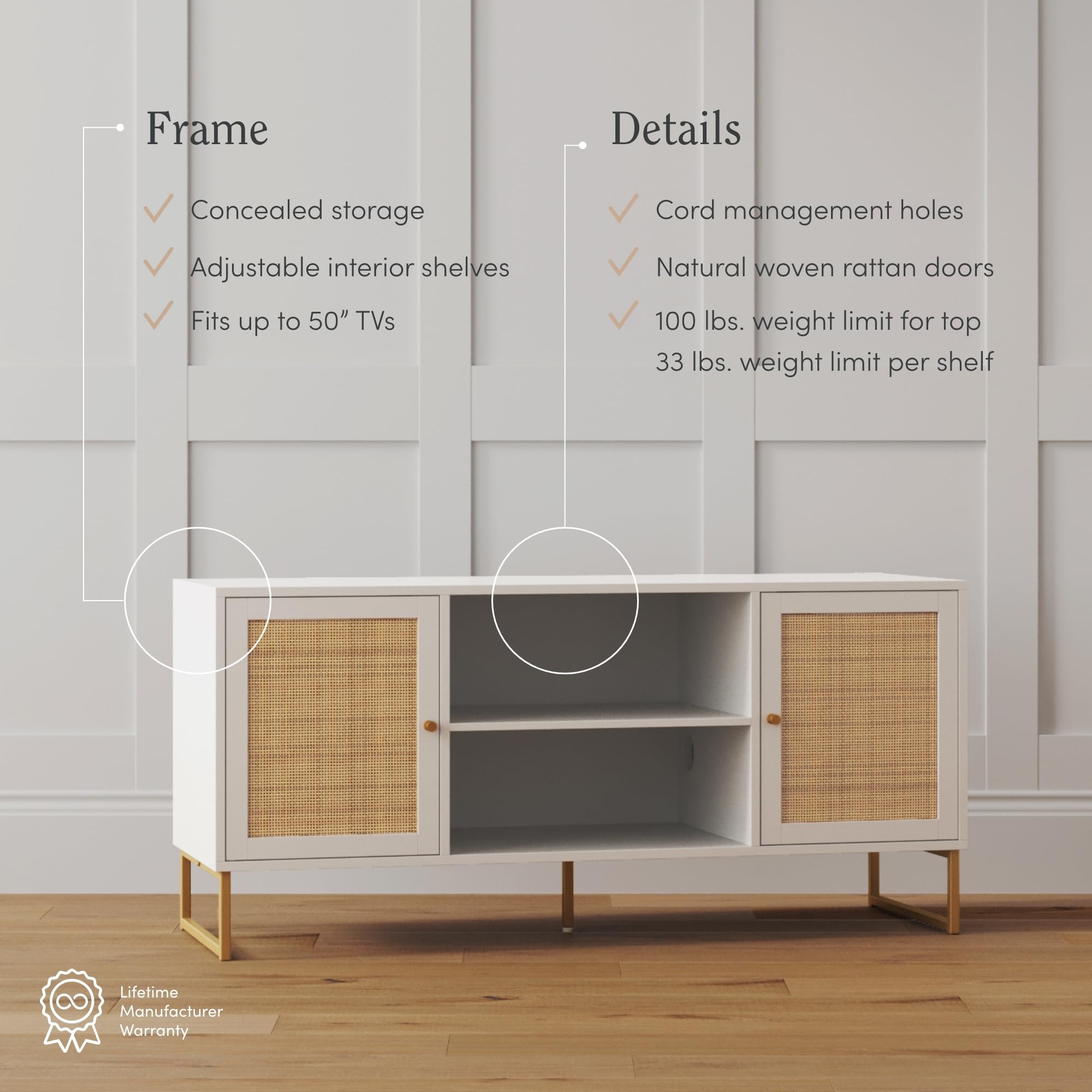 Nathan James Mina Modern TV Stand with Rattan Storage Doors - Matte White & Gold Entertainment Console for Living Room & Media Room | Stylish TV Cabinet with Brass Accents for Home Theater Setup