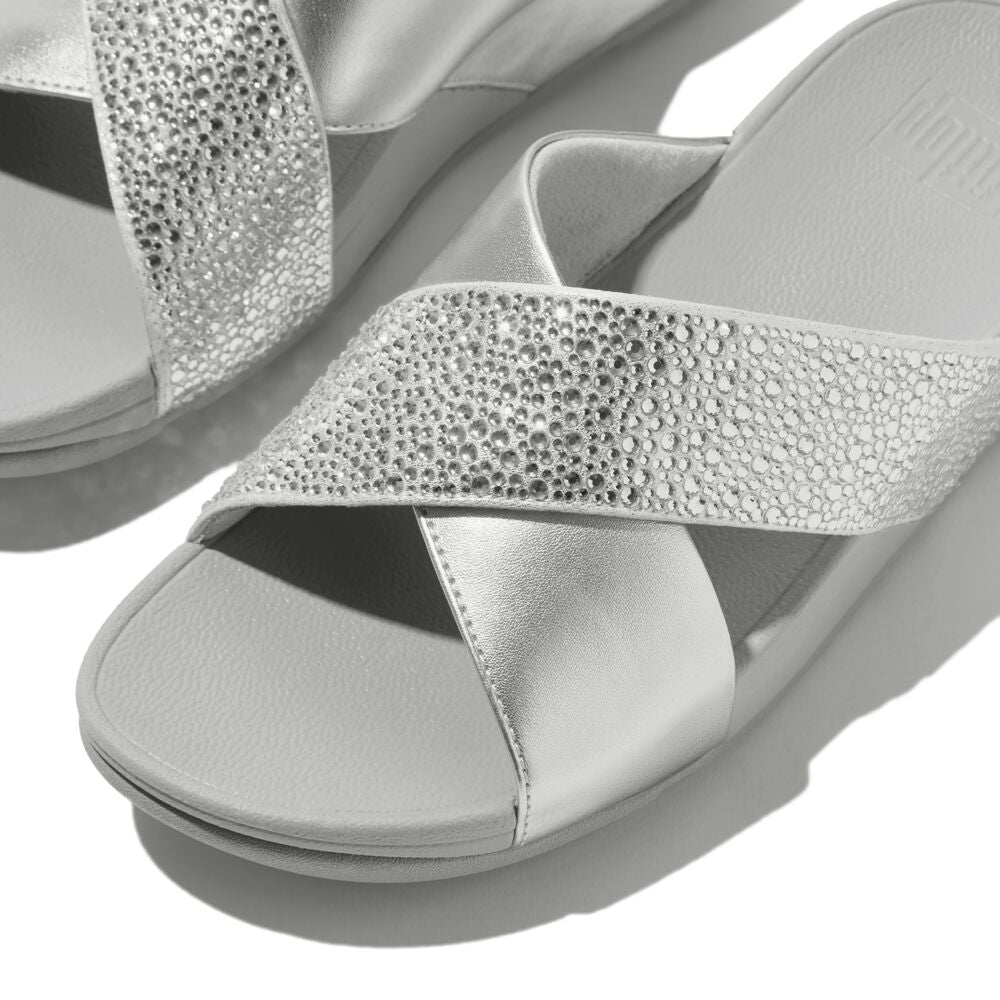 FitFlop Lulu Crystal Mix Slide Sandals for Women - Comfortable Summer Beach Shoes with Glitter Straps, Silver | Perfect for Poolside, Vacation & Casual Outings
