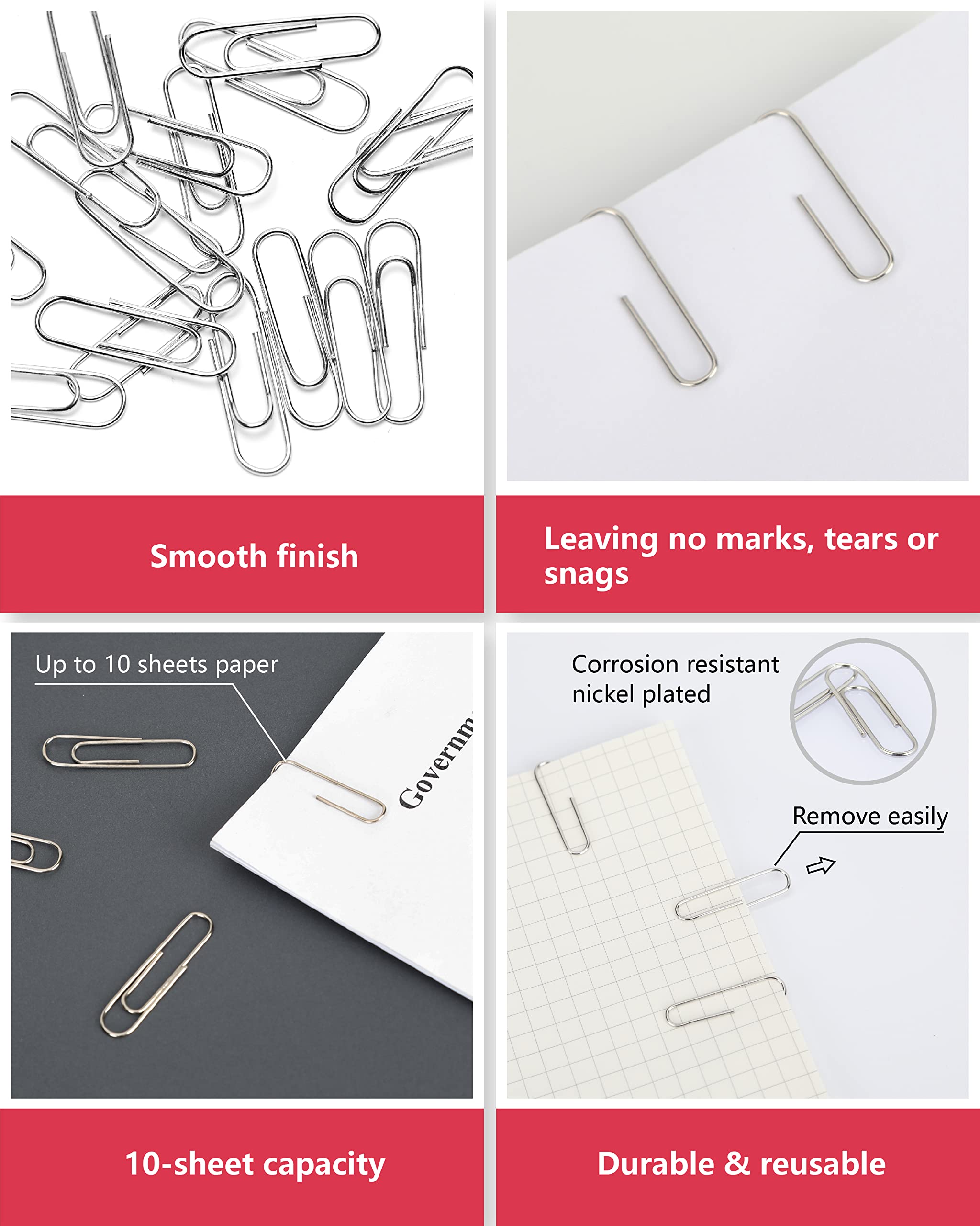 PAPERPAL #1 Smooth Paper Clips, 600 Medium Silver Paper Clips (6 Boxes of 100 Each) - No.1 Standard Size 1-2/7
