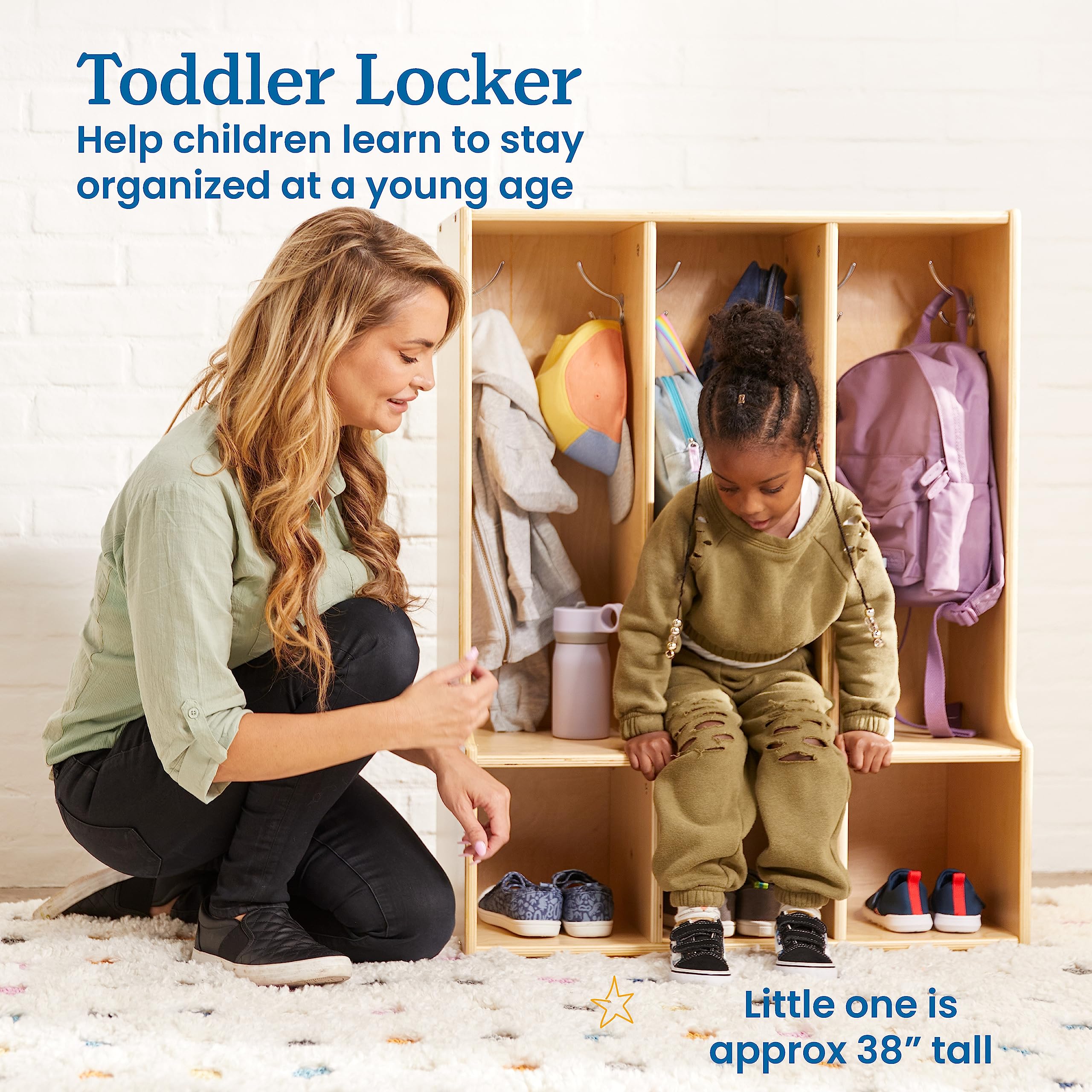 ECR4Kids 3-Section Toddler Coat Locker with Bench - Natural Wood Kids Storage Furniture for Daycare, Preschool & Home Entryway Organization