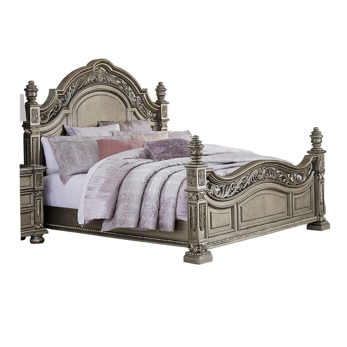 Luxury Catalonia Platinum Gold Bedroom Set - Queen Size Bed Frame with Nightstands & Dresser - Elegant Master Bedroom Furniture for Upscale Home Decor