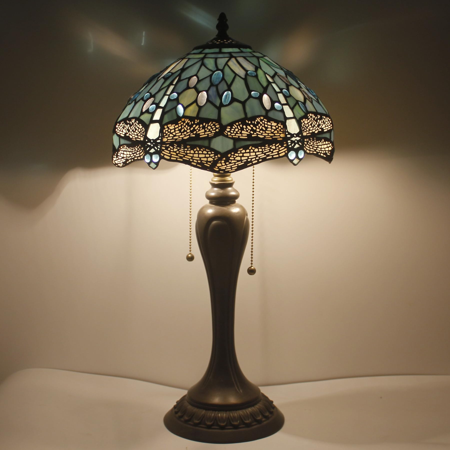 Tiffany Style Sea Blue Stained Glass Dragonfly Table Lamp - 12x12x22 Inches Bedside Reading Light for Bedroom, Living Room & Home Office Decor - Perfect for Nightstands, Desks & Cozy Reading Nooks (S147 Series)