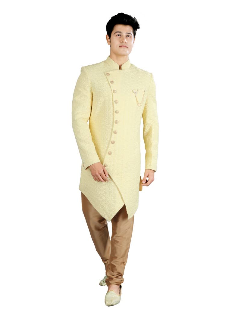 Elegant Asymmetrical Lemon Yellow Indian Wedding Sherwani for Men | Indo-Western Groom Attire | Perfect for Weddings, Festivals & Special Occasions