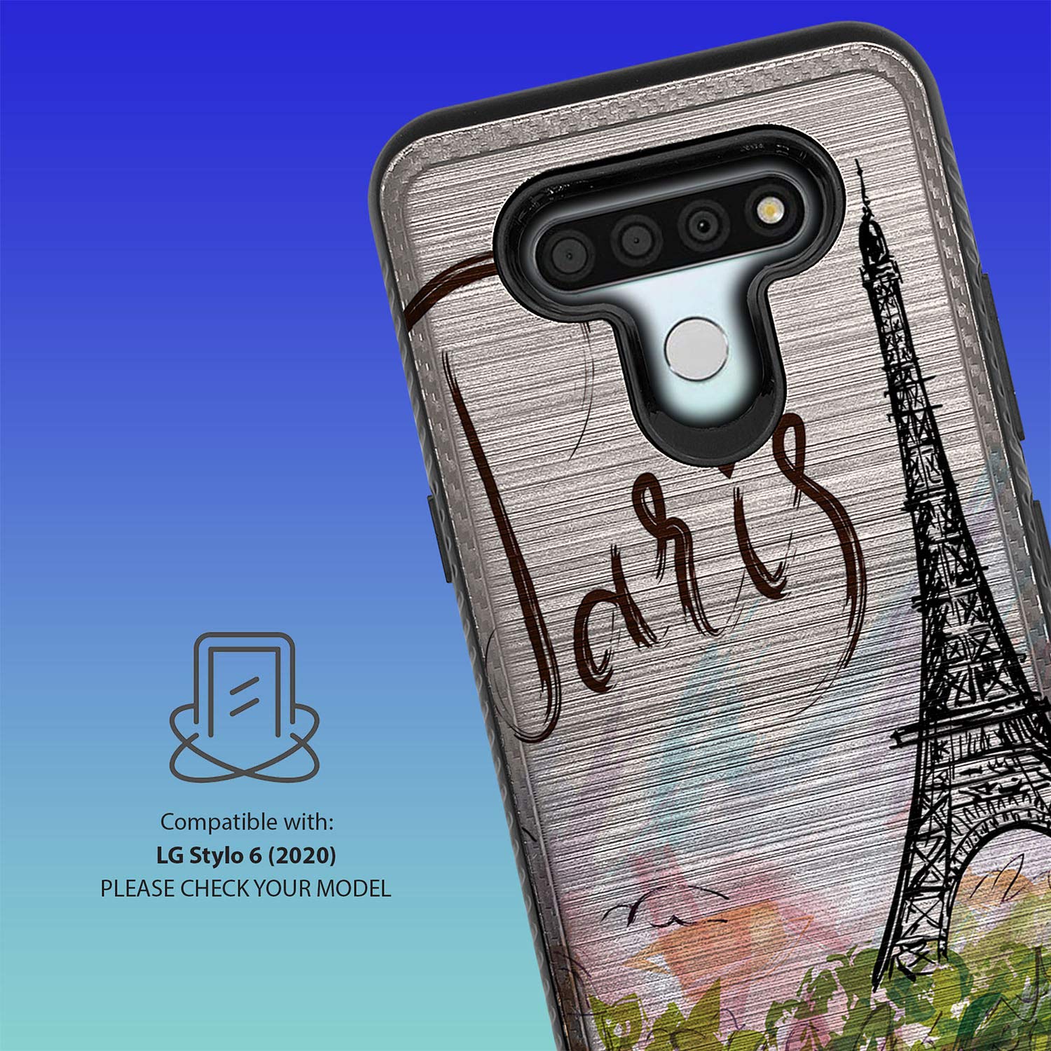 Slim Protective Case for LG Stylo 6 - Brushed Armor Hybrid Design with Dual Layer Shock Absorption - Perfect for Everyday Use, Travel & Outdoor Activities (Paris Tower Style)