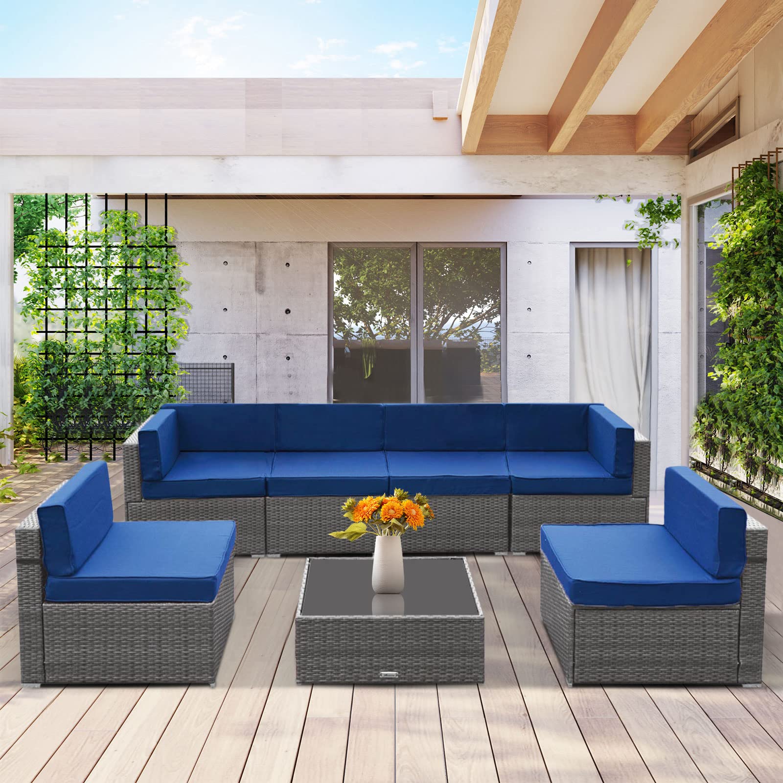 RoyalCraft 7-Piece Outdoor Patio Furniture Set with Waterproof Cover - Grey Wicker Sectional Sofa with Blue Striped Cushions & Zippers (2022 Upgrade) - Perfect for Backyard, Garden, Poolside & Patio Relaxation