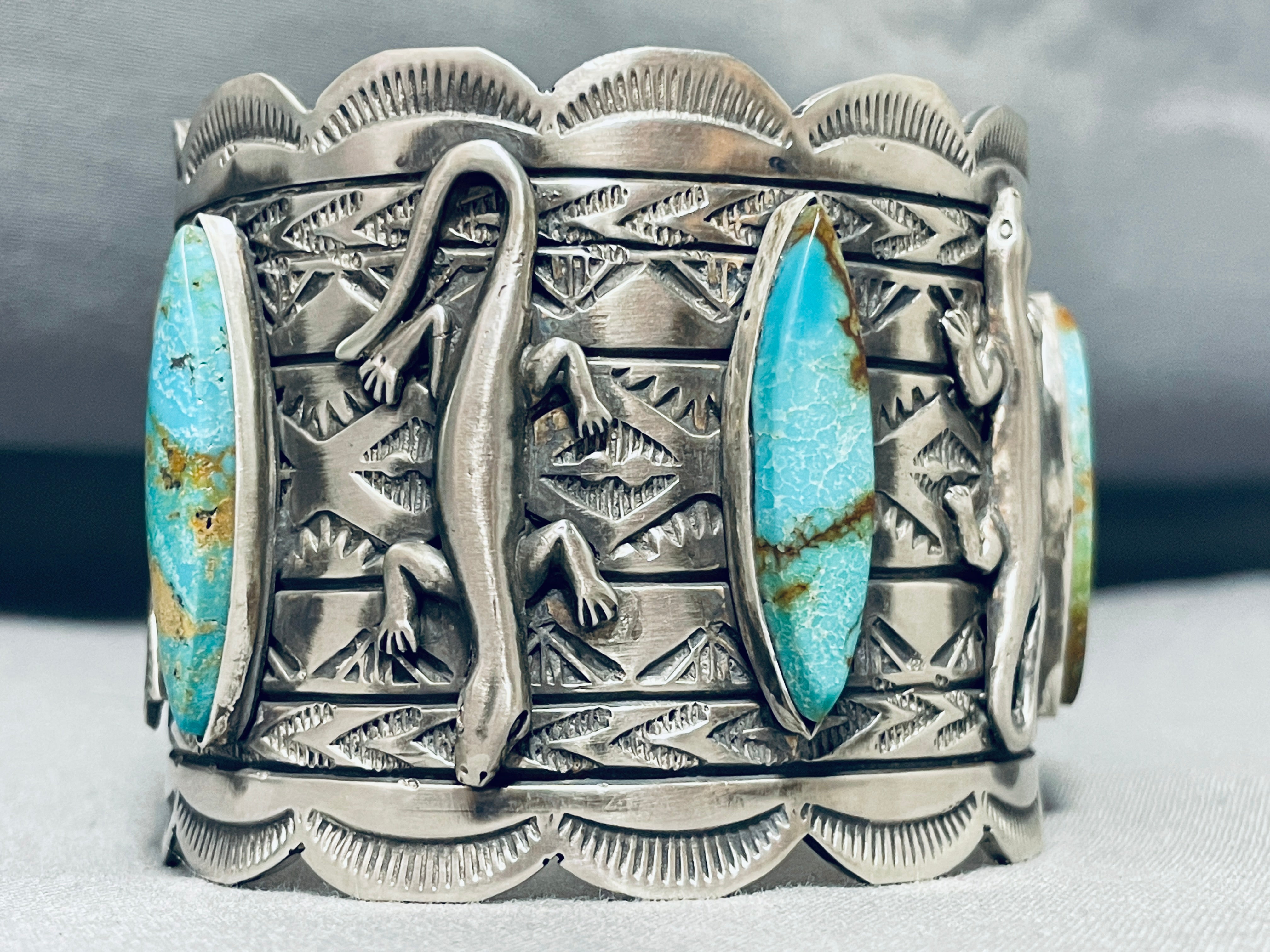 Authentic Native American Navajo Royston Turquoise Sterling Silver Gecko Bracelet - 100+ Grams - Handcrafted Jewelry for Women - Perfect for Boho, Western & Festival Fashion