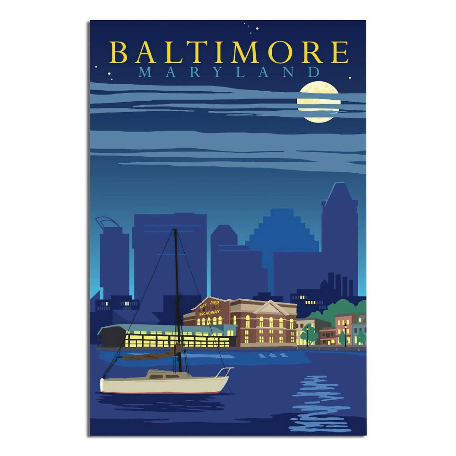 Vintage Baltimore Maryland Travel Poster - Boat Night Moon Lake Canvas Wall Art, 8x12 Inch (20x30cm) Home Decor for Living Room, Bedroom & Office | Perfect for Coastal, Nautical & Travel Theme Interiors