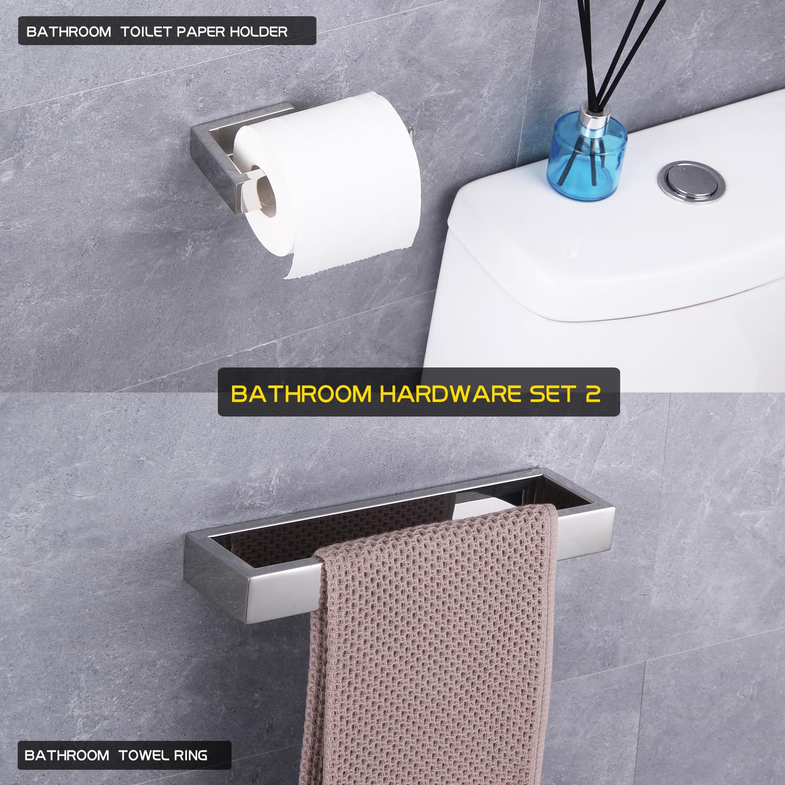GERZWY 2-Piece Stainless Steel Bathroom Accessory Set - SUS 304 Toilet Paper Holder & Towel Ring Wall Mount, Polished Finish HG1708-2JG - Perfect for Modern Bathroom Decor & Space-Saving Organization