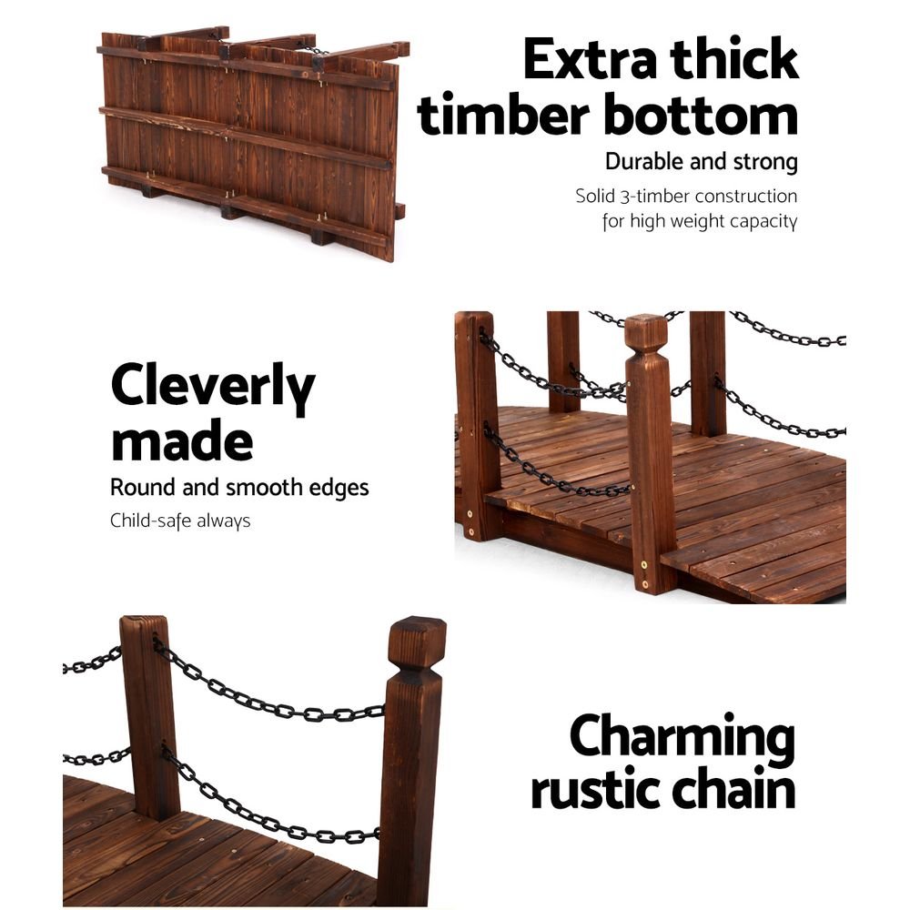 160cm Wooden Garden Bridge with Chain - Rustic Outdoor Decor for Pathways, Ponds & Landscaping - Perfect for Backyard, Patio & Garden Design