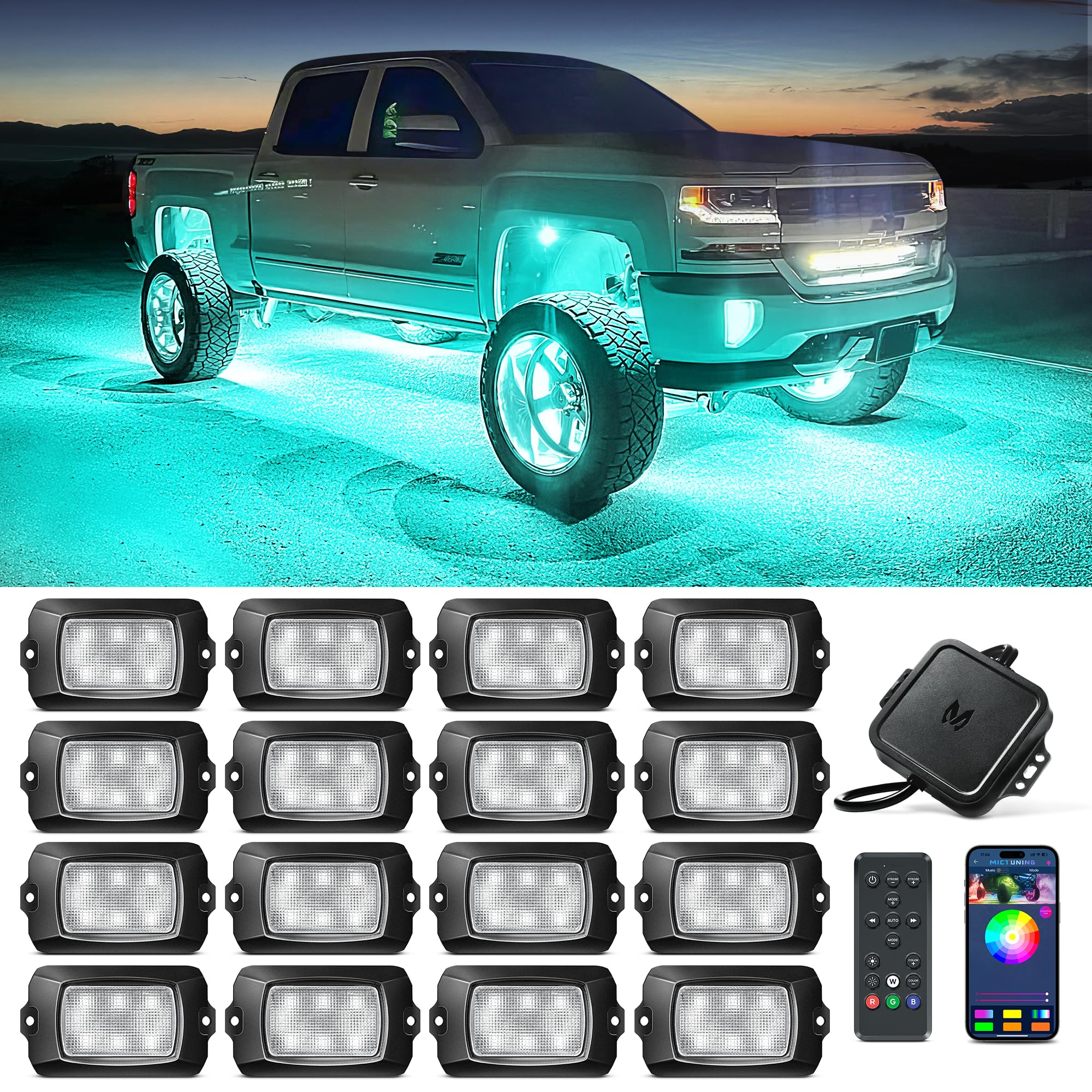 MICTUNING Q1 RGBW LED Rock Lights - 16 Pods Underglow Neon Multicolor Lighting Kit with Bluetooth & Remote Control for Trucks, Cars, ATV, UTV, Golf Cart | Off-Road, Car Shows, Night Driving, Vehicle Customization