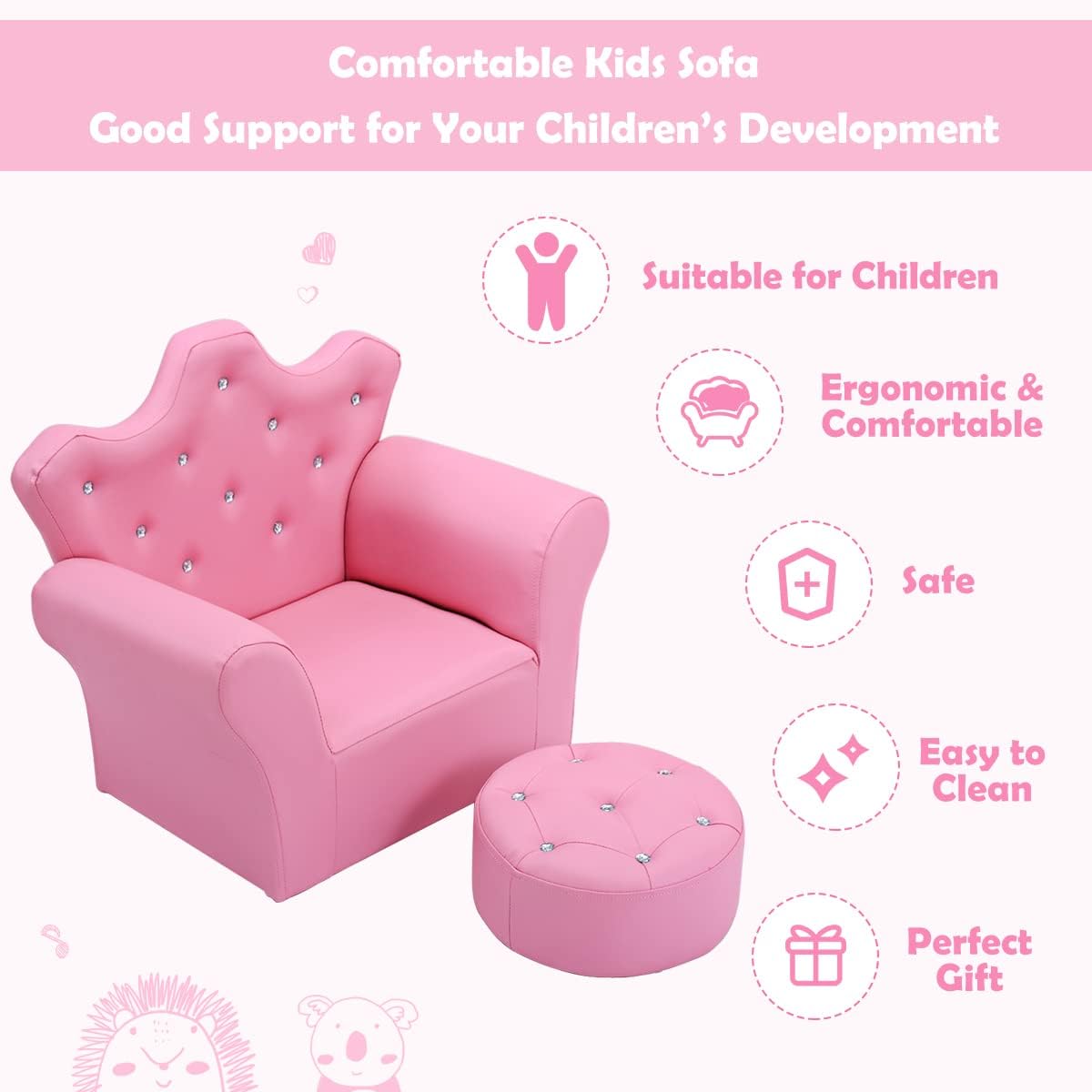 Comfy Toddler Chair with Ottoman - Wooden Frame & PVC Leather Kids Sofa for Girls and Boys - Perfect for Bedroom, Living Room, Playroom & Nursery - Princess Toddler Couch for Reading, TV Time & Relaxation