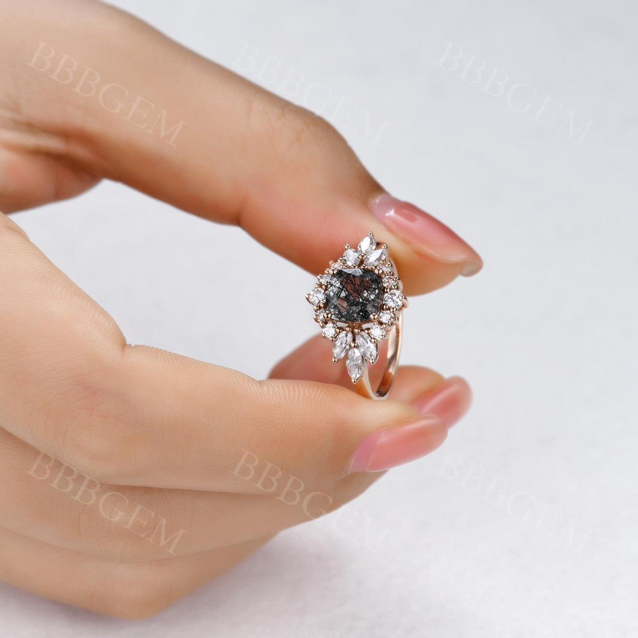 Exquisite Cluster Moissanite Halo Cushion Ring with Black Rutilated Quartz & Tourmaline | Vintage Cocktail Jewelry for Women | Perfect for Evening Parties, Weddings & Special Occasions
