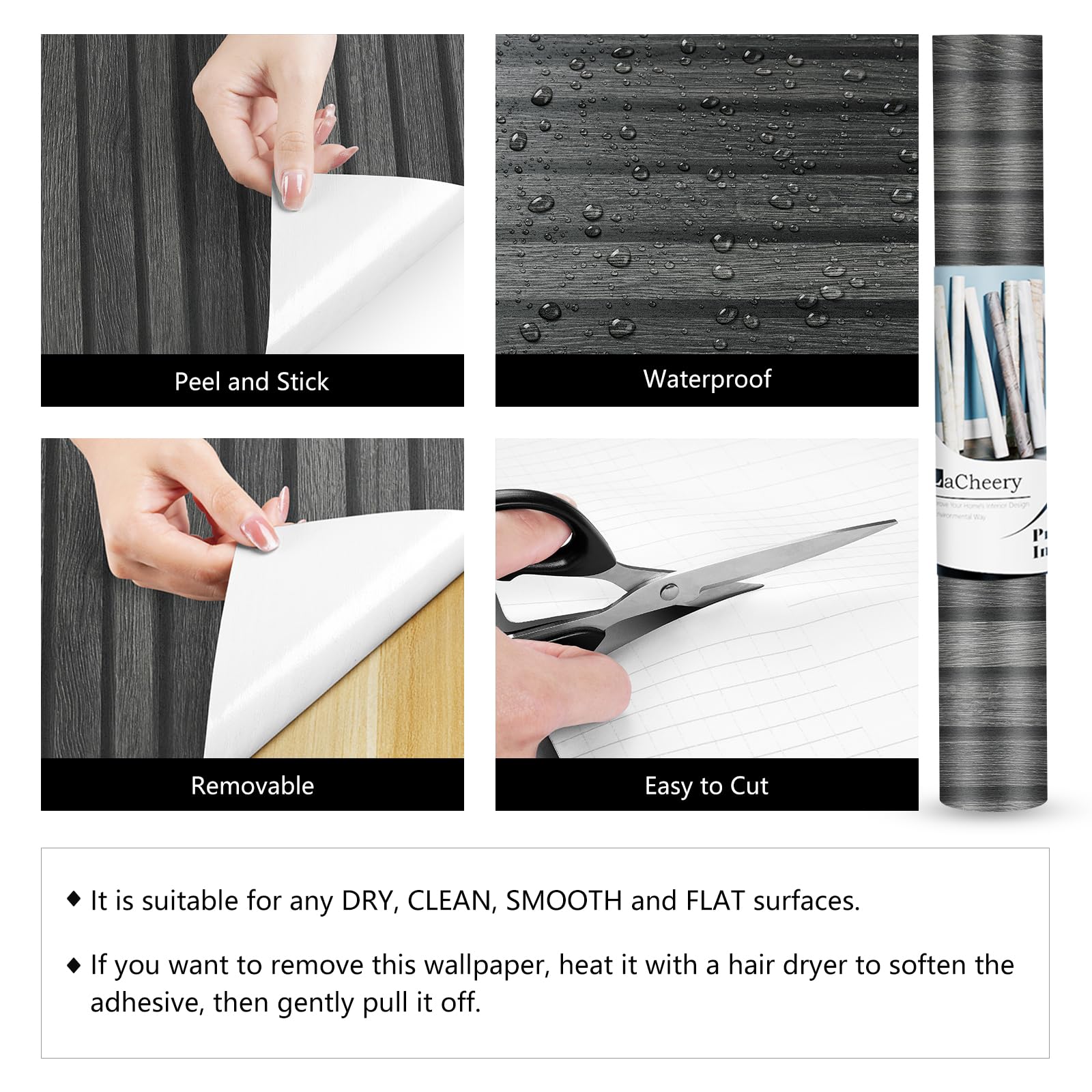 LaCheery 60CM x 4M Black Wood Slat Wall Panel - Peel and Stick 3D Wood Wallpaper | Modern Removable Wood Slat Wall Paneling for TV Backdrop, Accent Wall, Bedroom, Living Room & Office Decoration